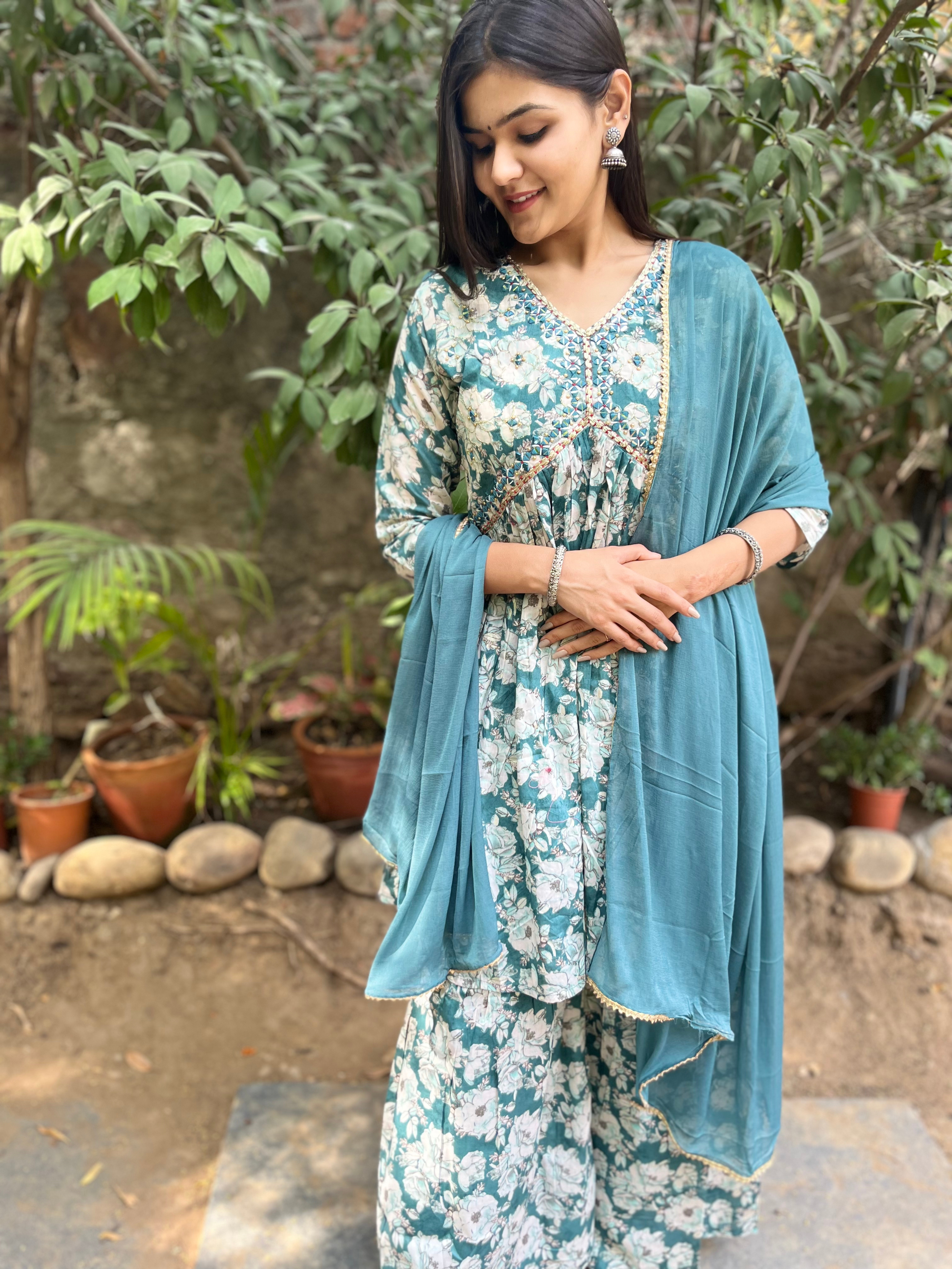 Firozi Blue Alia Cut : 3 Piece Sharara Set