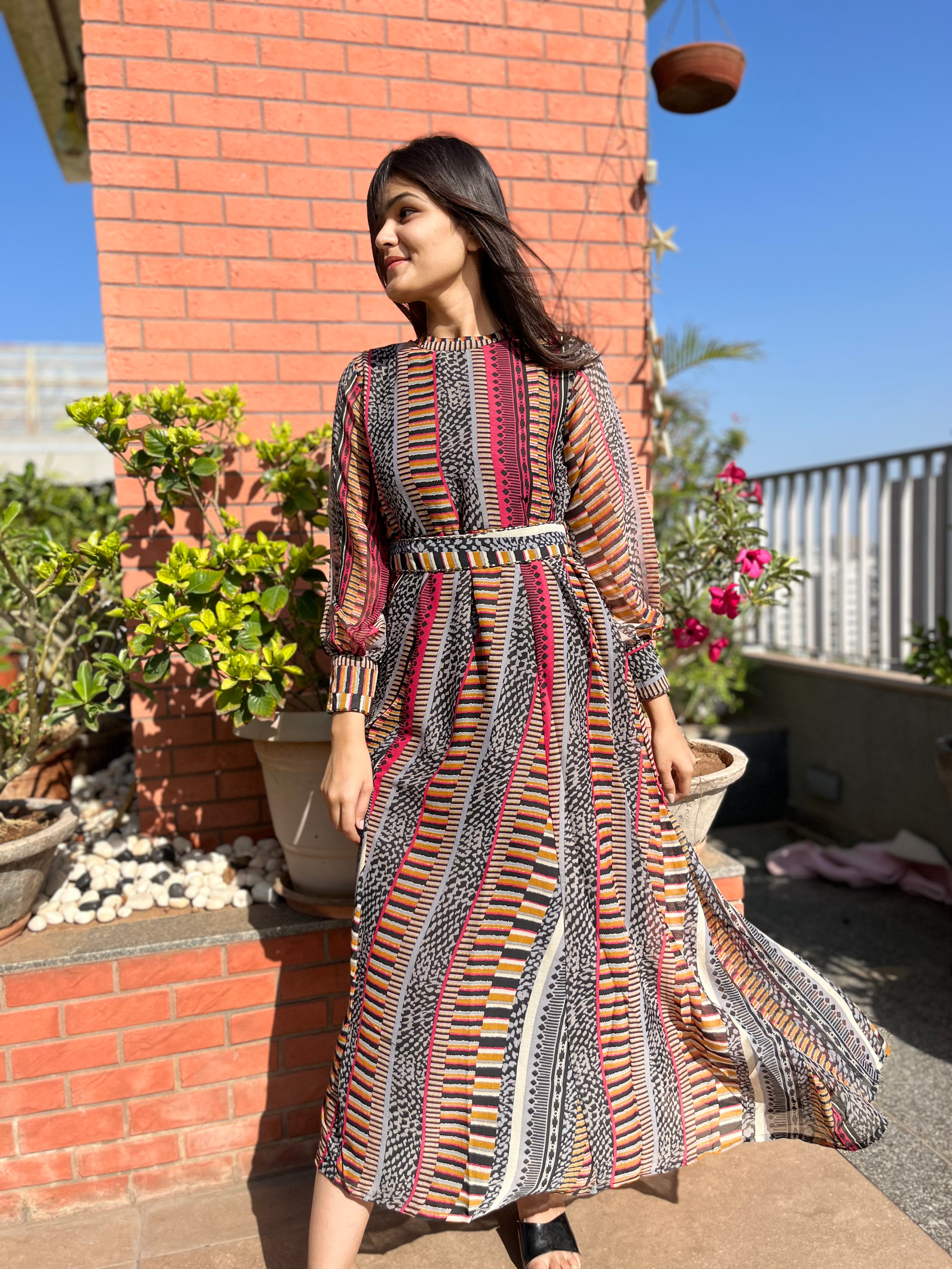 Image of Georgette Gown with Belt - Block Print