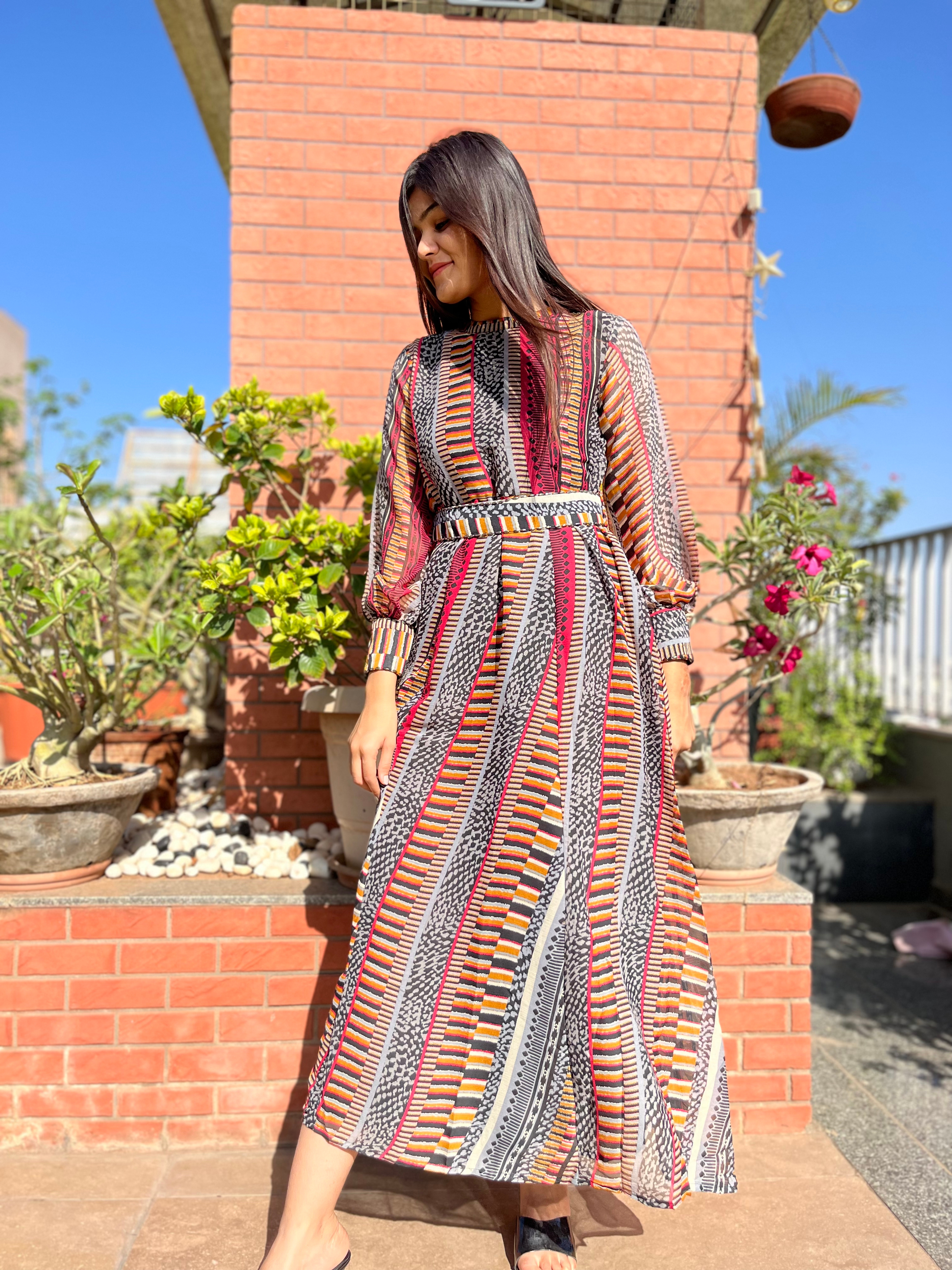Image of Georgette Gown with Belt - Block Print