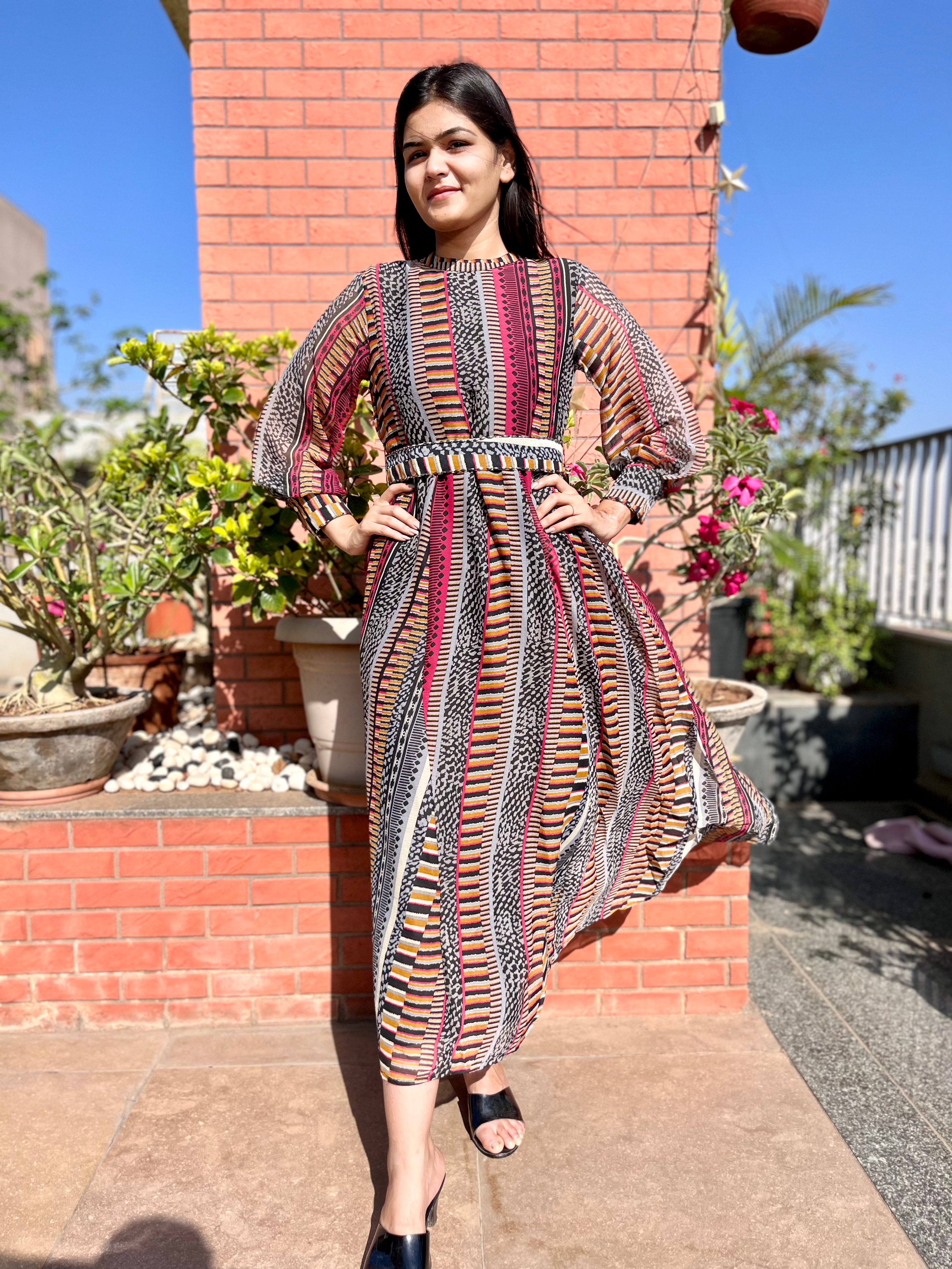 Image of Georgette Gown with Belt - Block Print