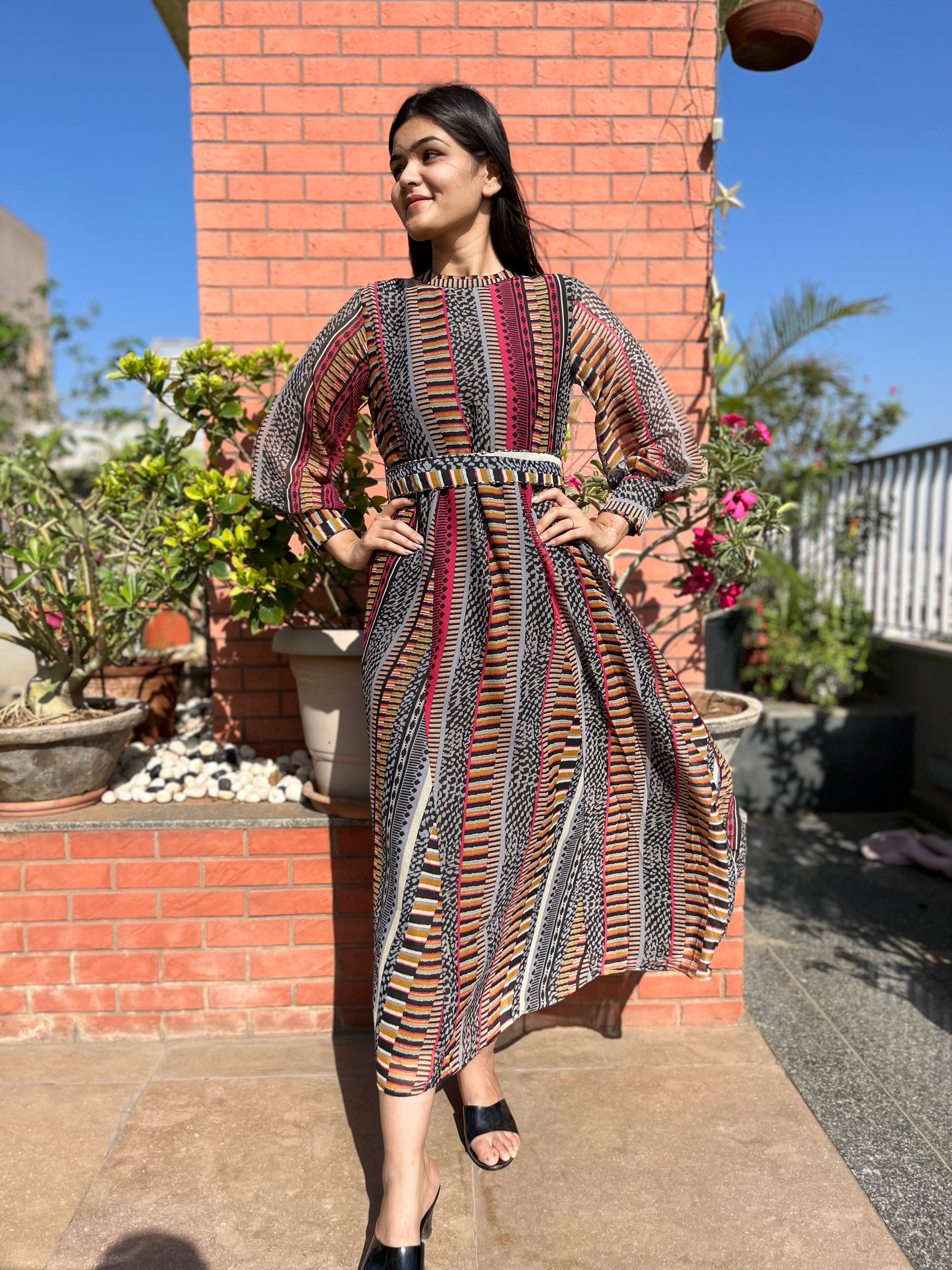 Georgette Gown with Belt - Block Print