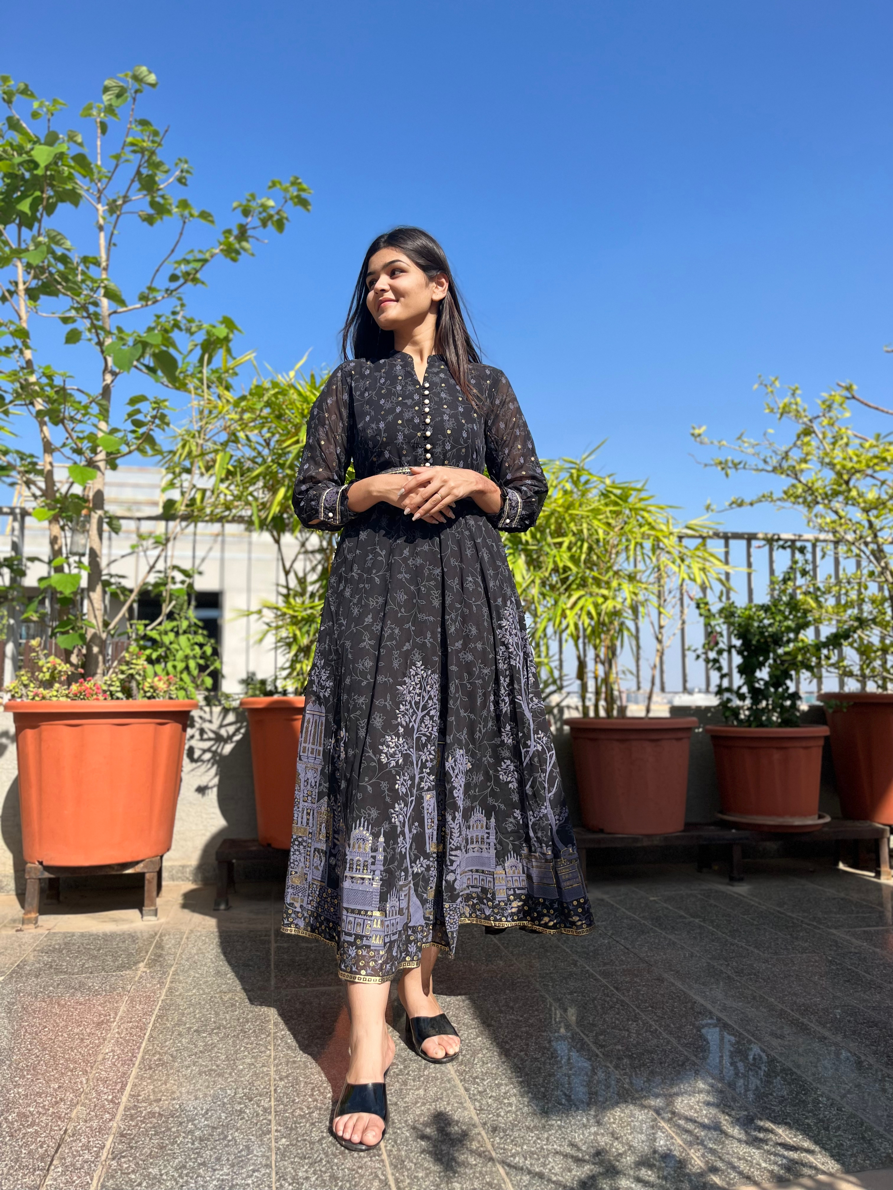 Image of Georgette Gown with belt  - Block Print