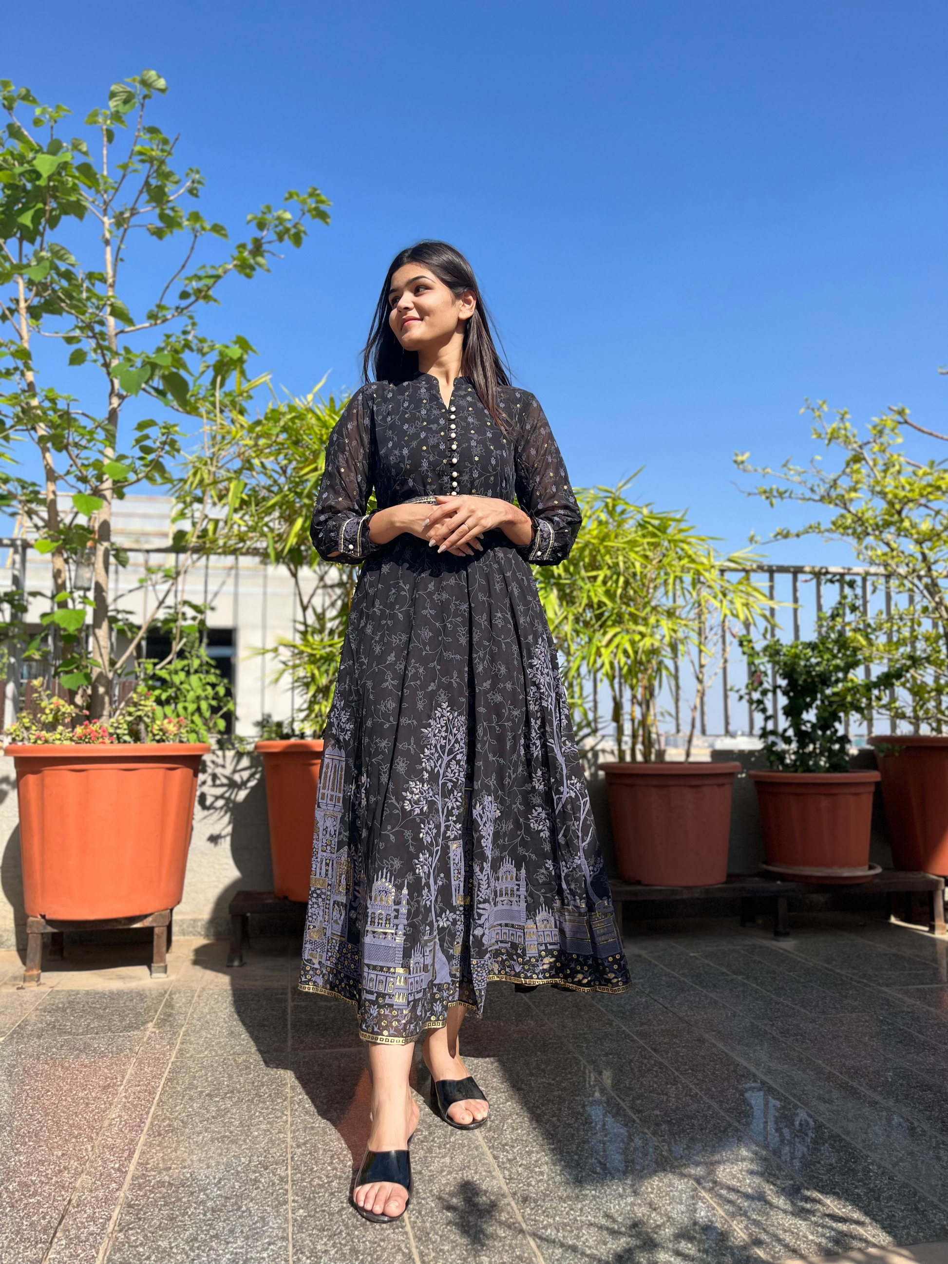 Georgette Gown with belt  - Block Print