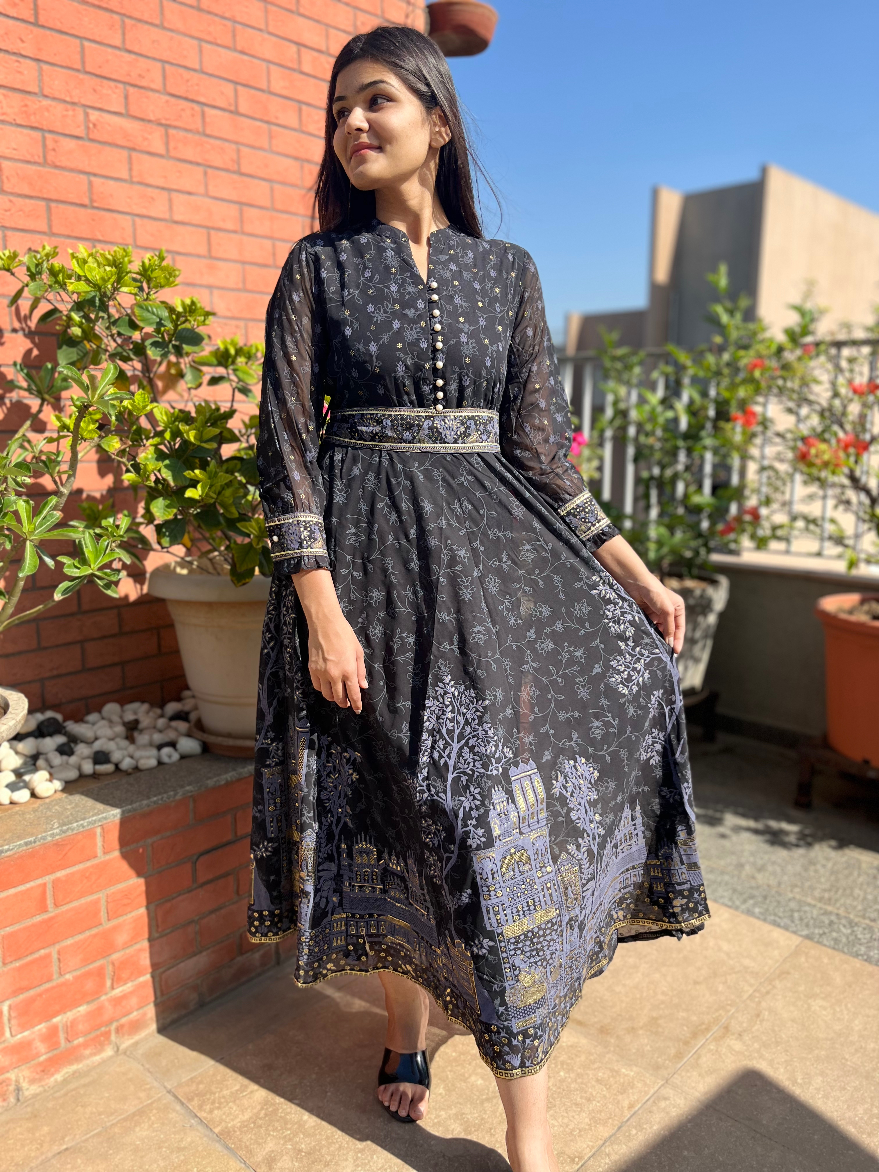 Image of Georgette Gown with belt  - Block Print