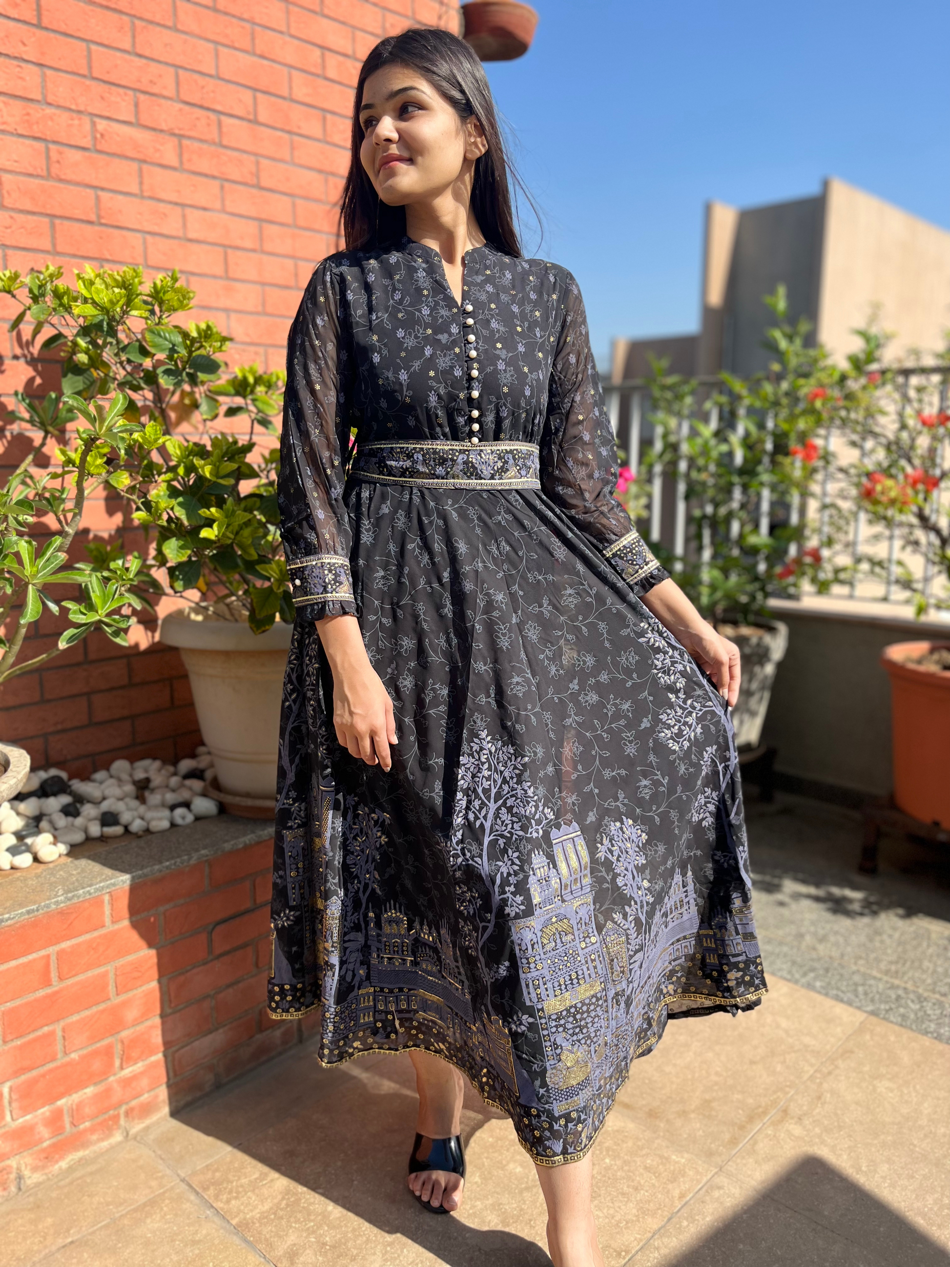 Georgette Gown with belt  - Block Print