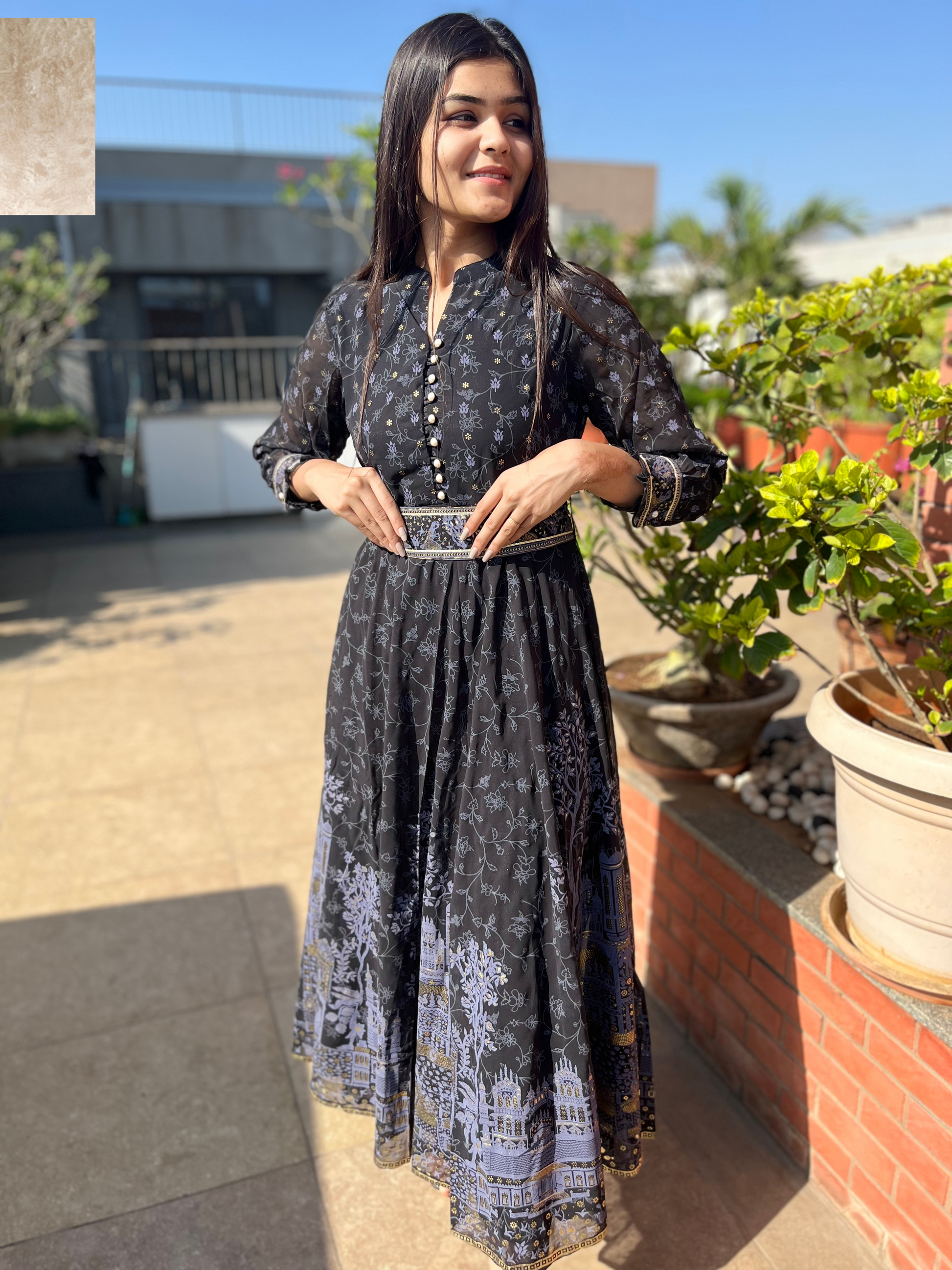 Georgette Gown with belt  - Block Print