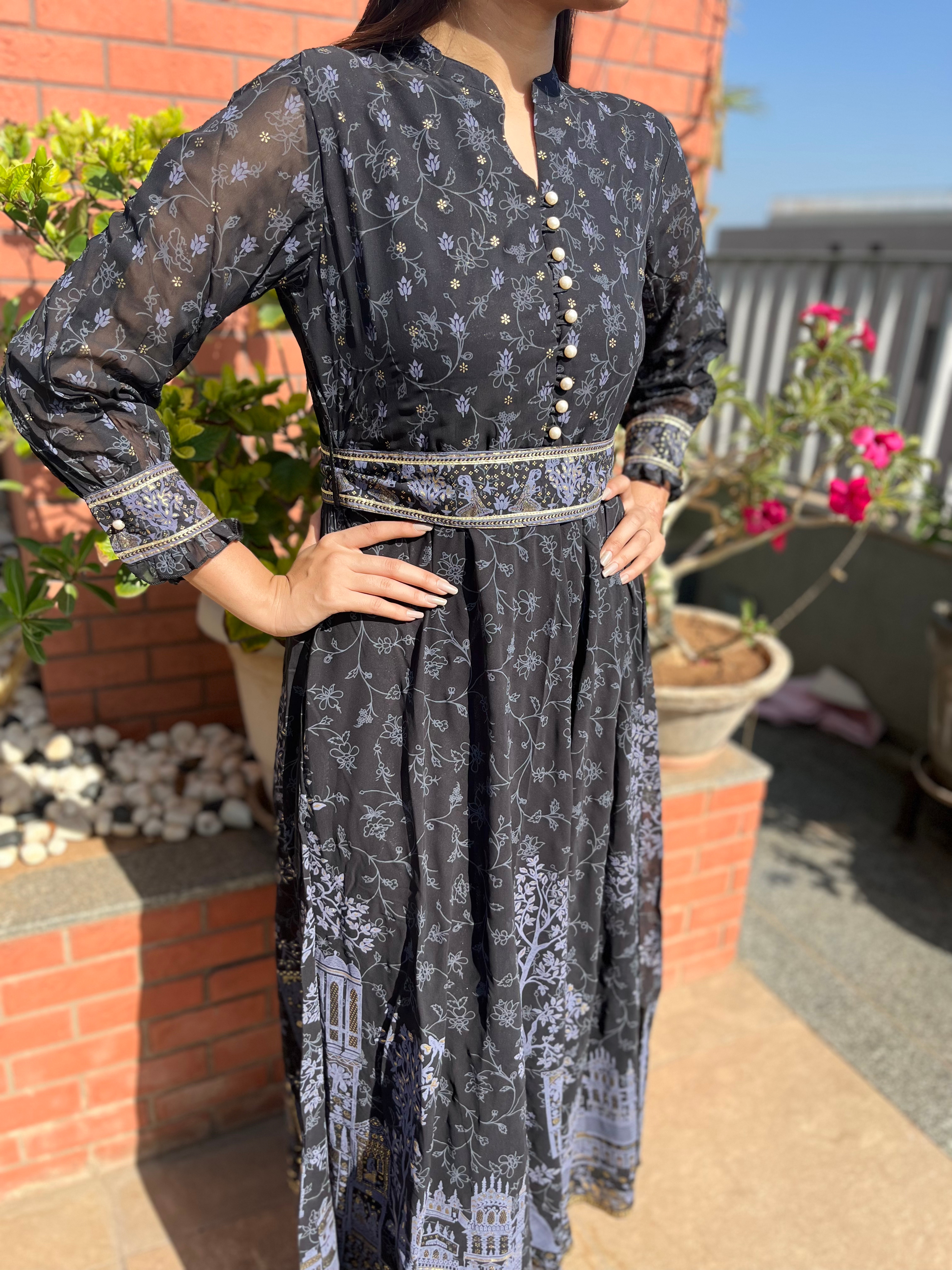 Image of Georgette Gown with belt  - Block Print