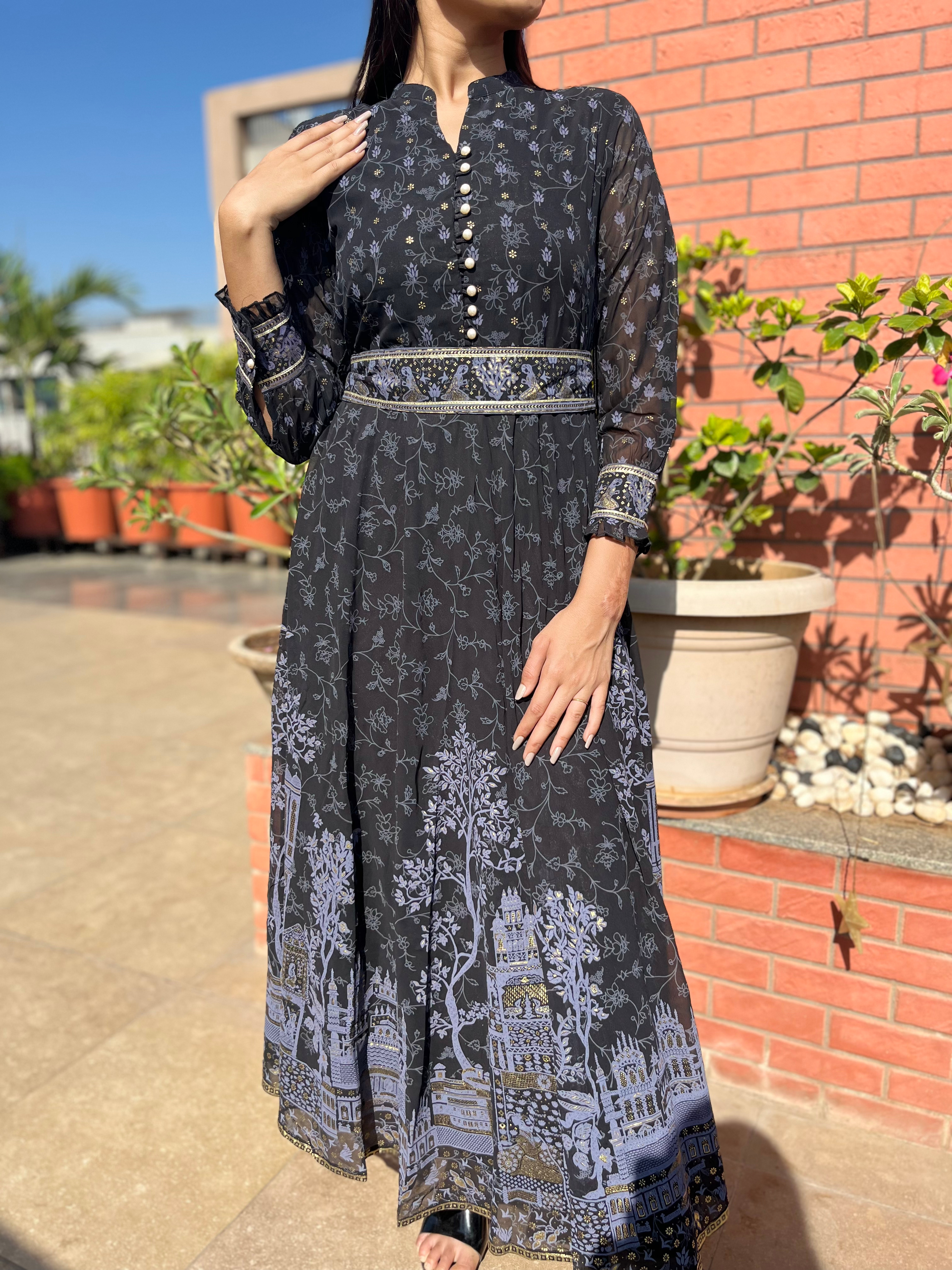 Georgette Gown with belt  - Block Print