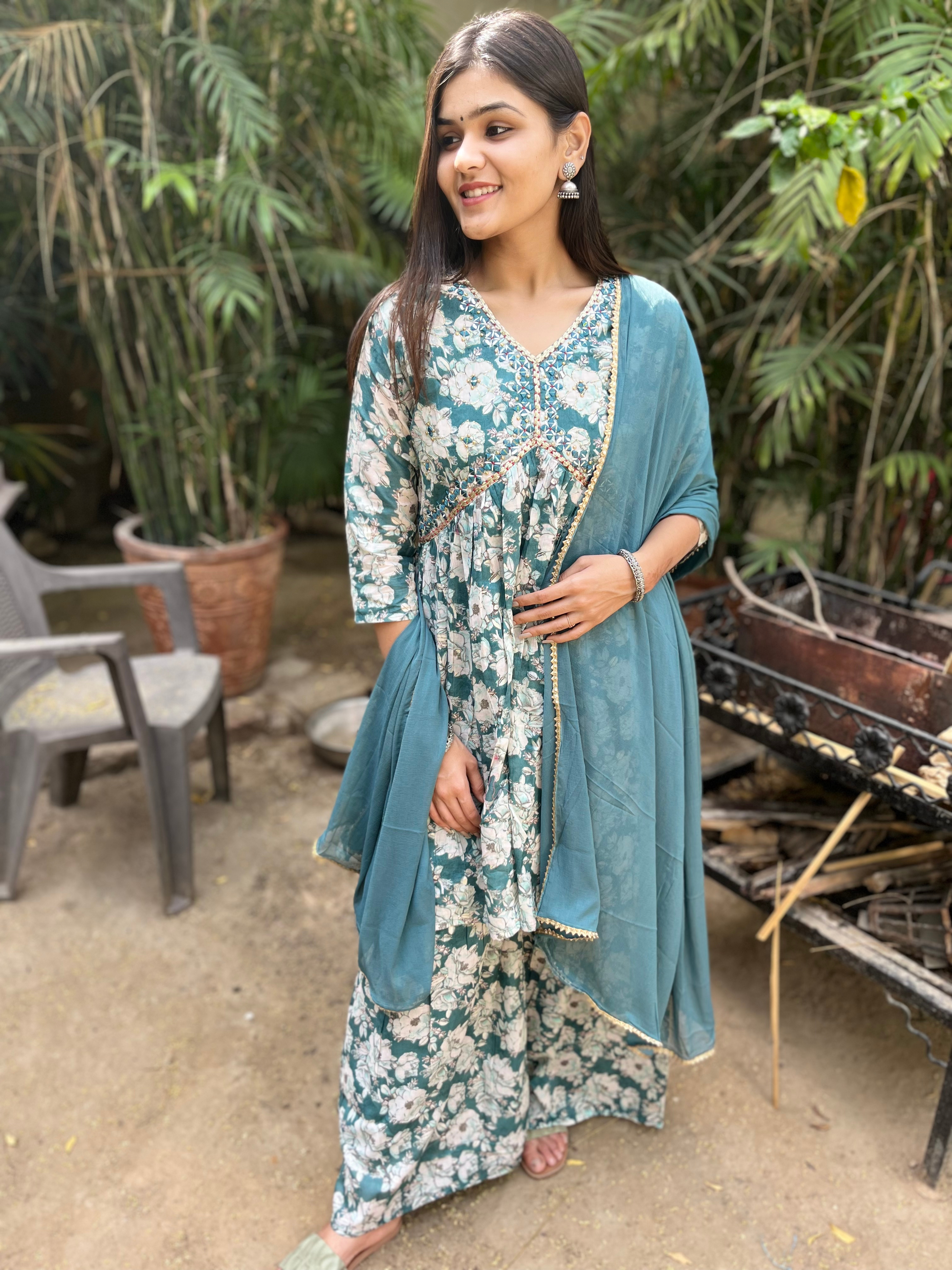 Image of Firozi Blue Alia Cut : 3 Piece Sharara Set