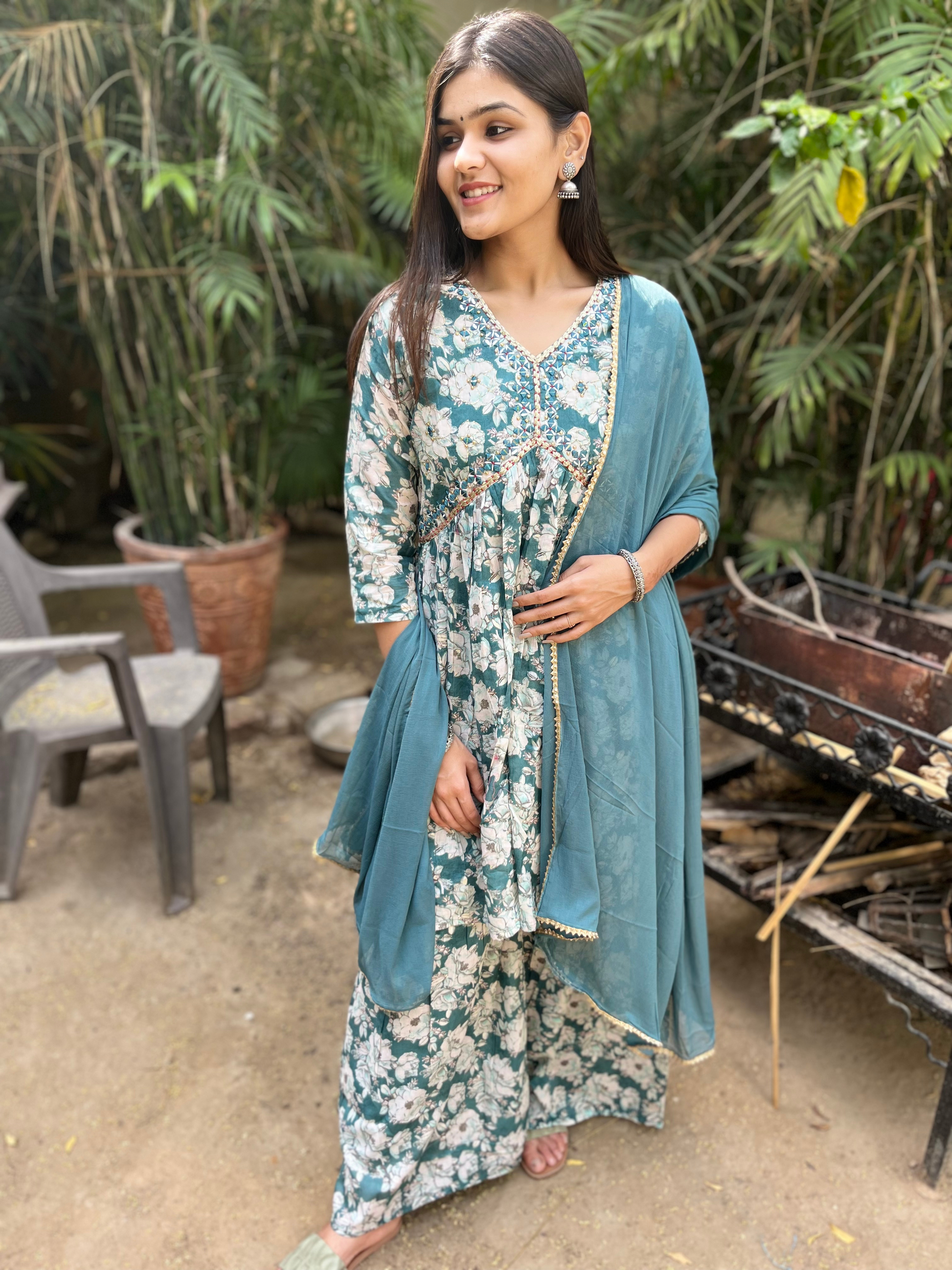 Firozi Blue Alia Cut : 3 Piece Sharara Set