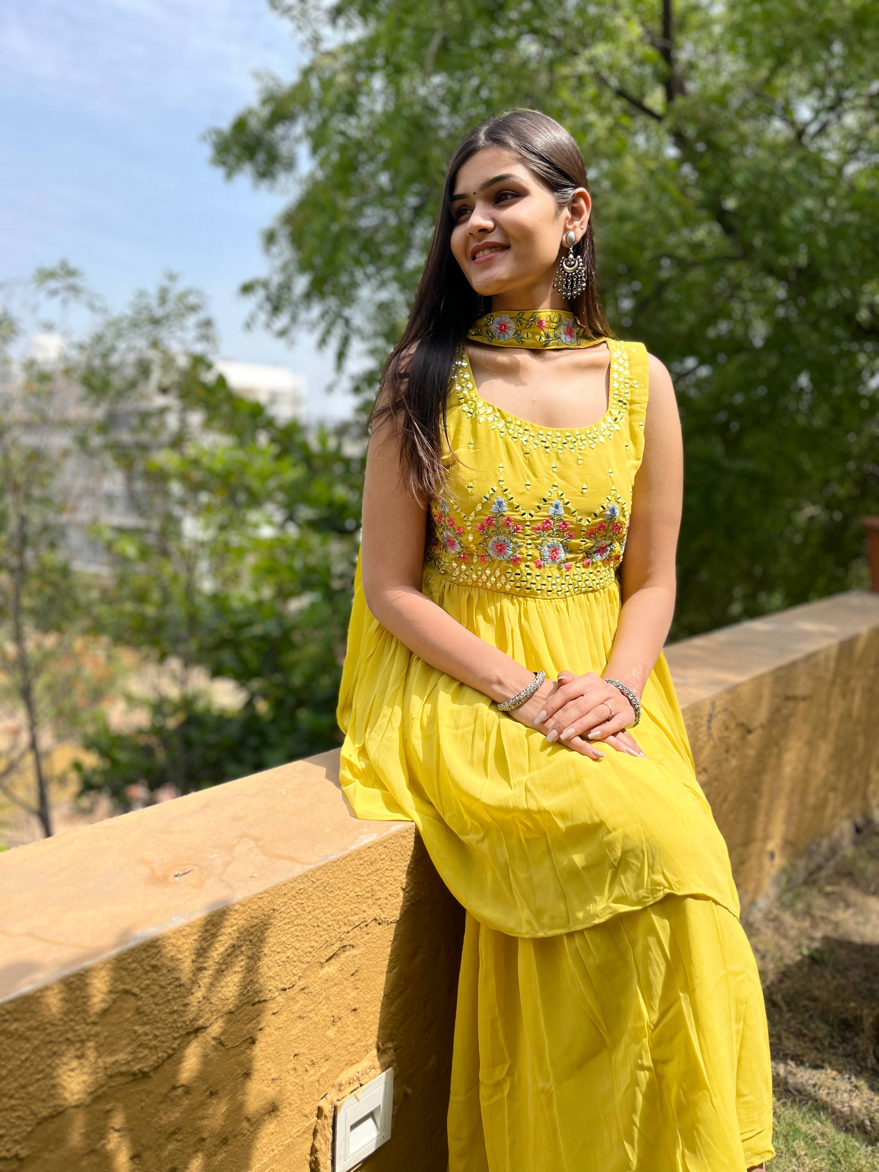 Image of Georgette Yellow : 3 Piece Sharara Set