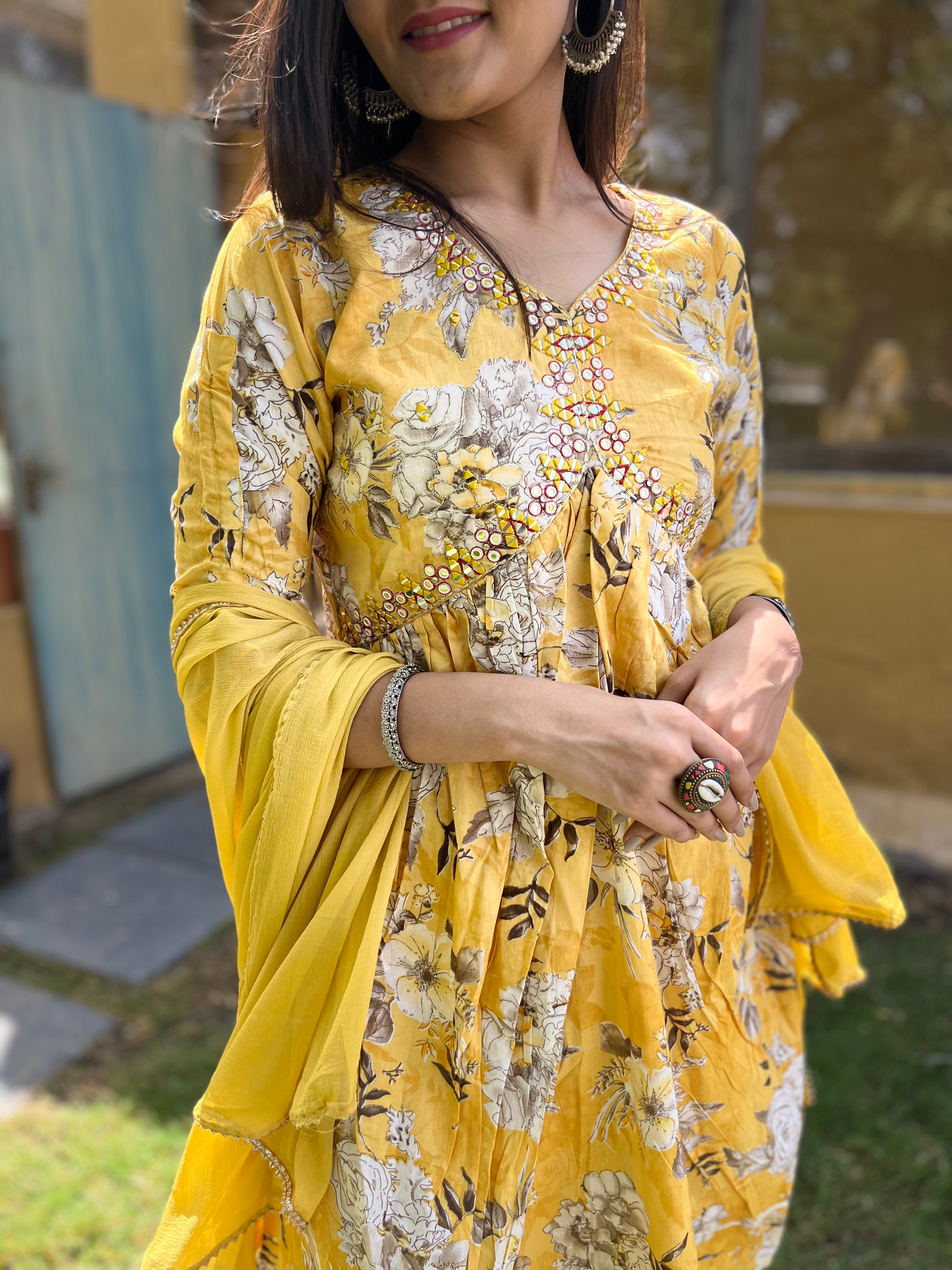 Mul Cotton Alia Cut Sharara Set with Nazlin Dupatta- 3 Piece