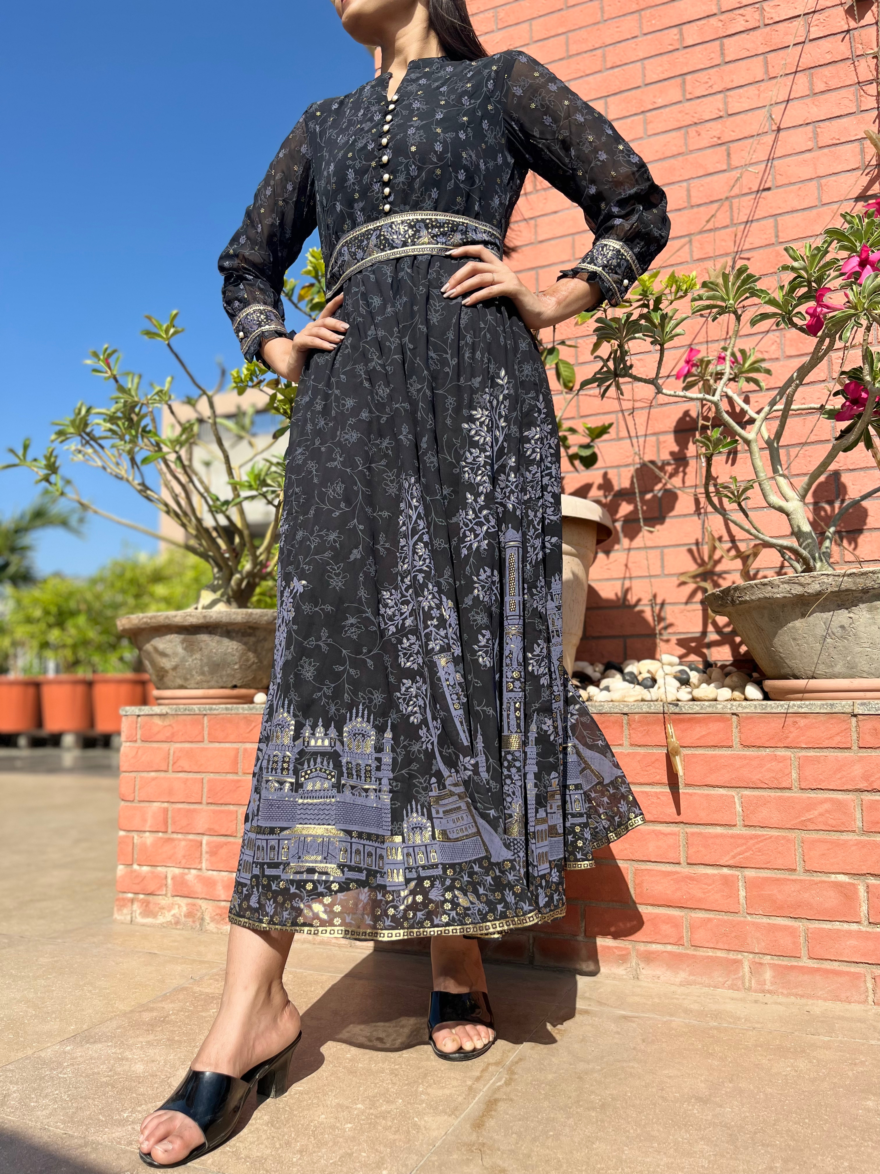 Image of Georgette Gown with belt  - Block Print