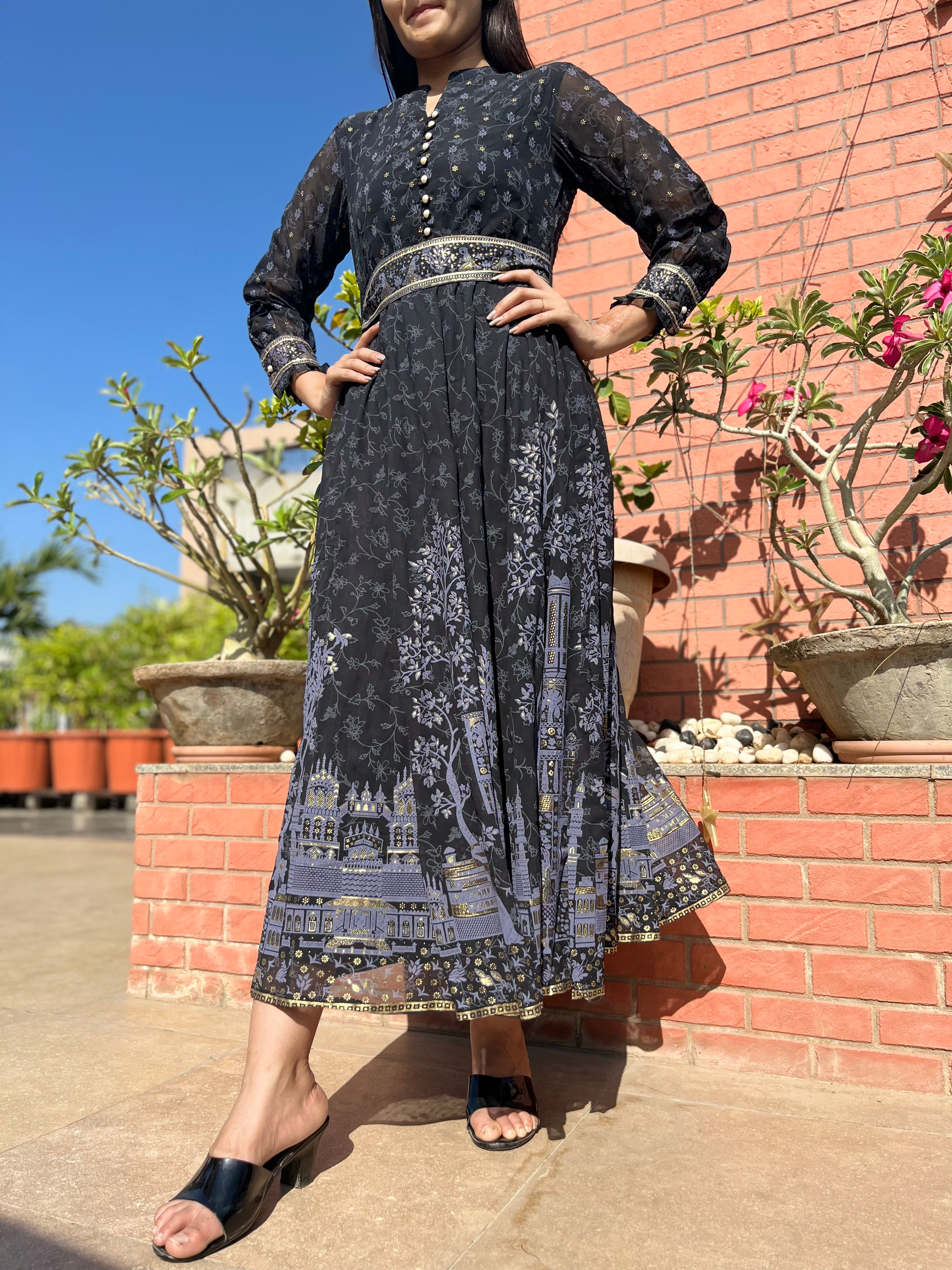 Georgette Gown with belt  - Block Print