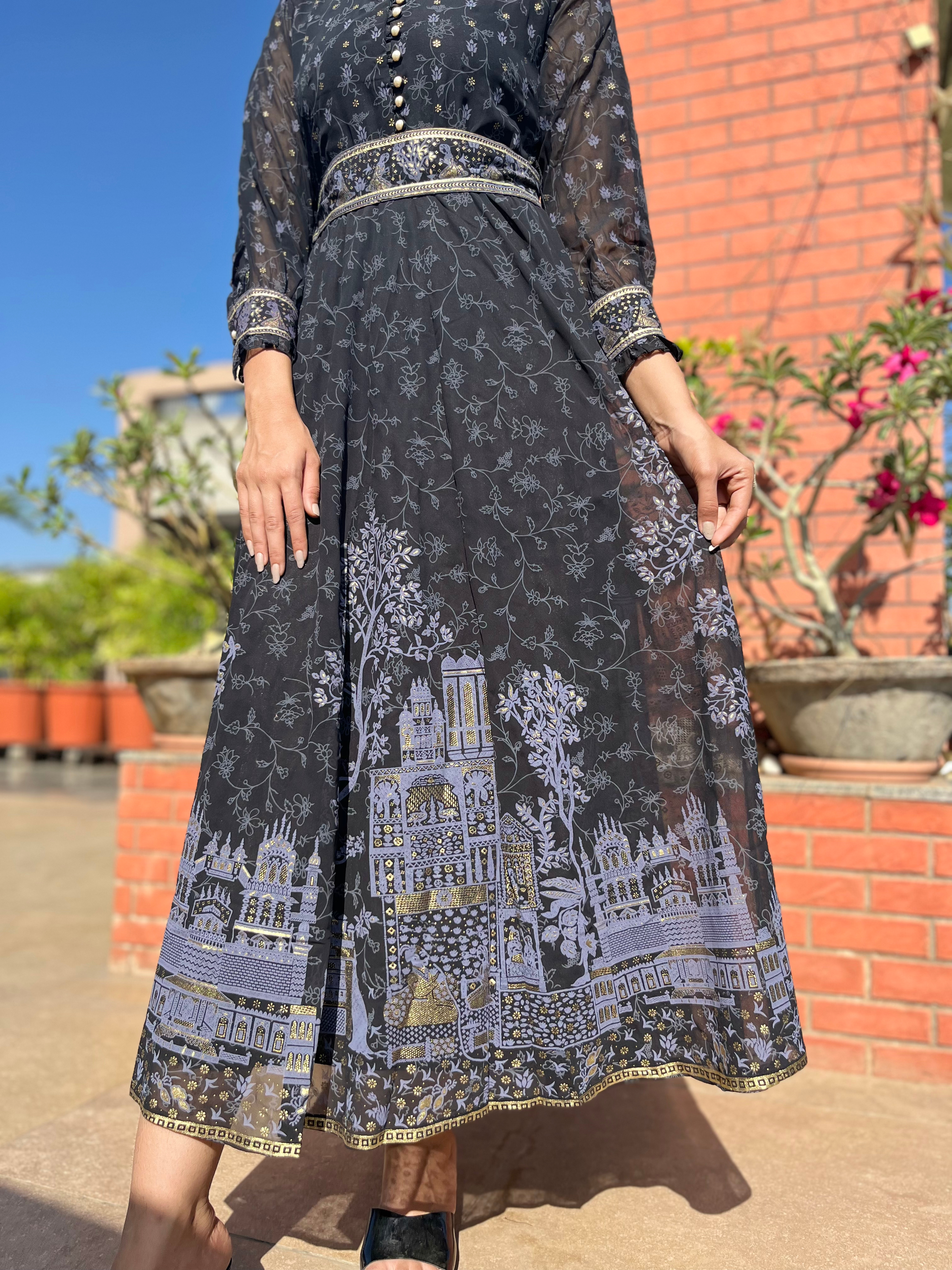 Image of Georgette Gown with belt  - Block Print