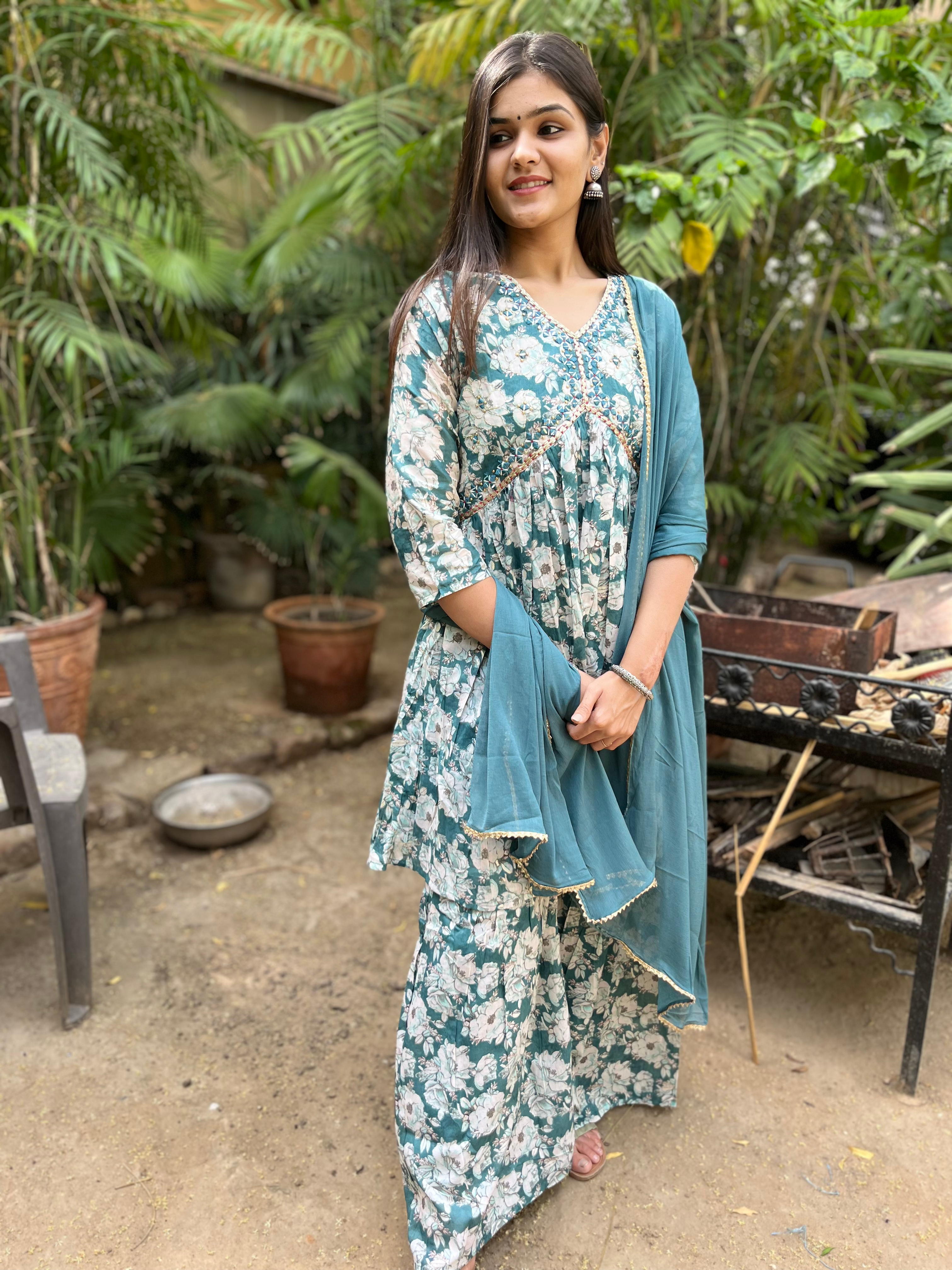 Image of Firozi Blue Alia Cut : 3 Piece Sharara Set