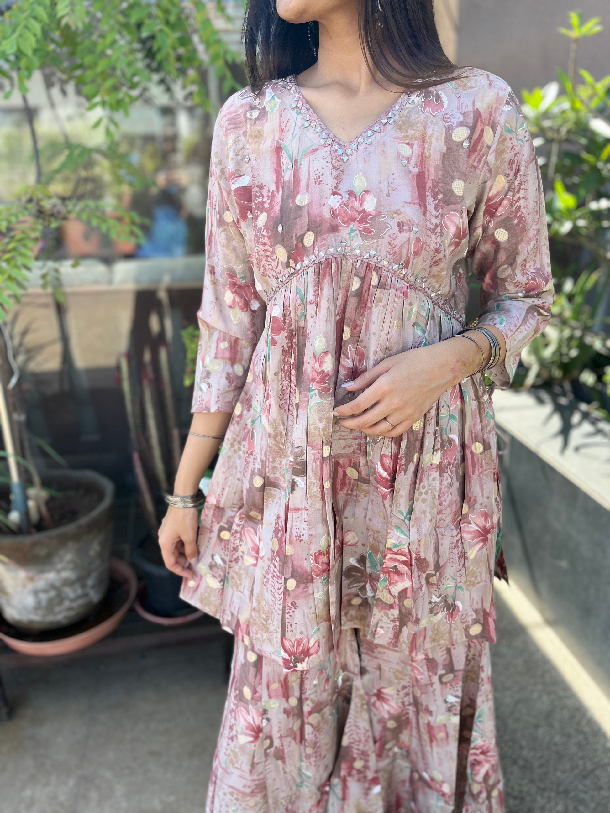 Pink Semi Sharara Alia Cut- 2 Piece Set