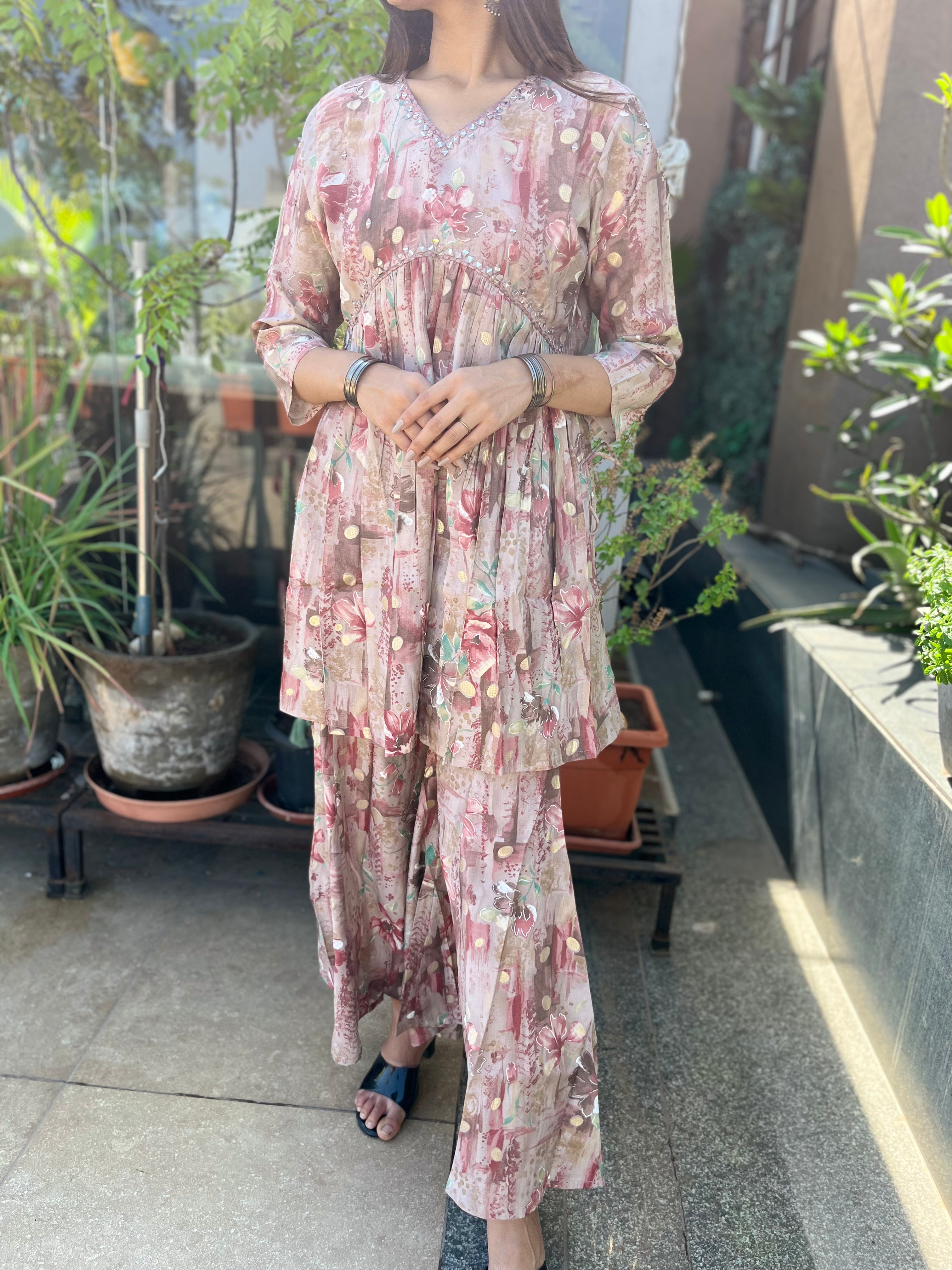 Pink Semi Sharara Alia Cut- 2 Piece Set