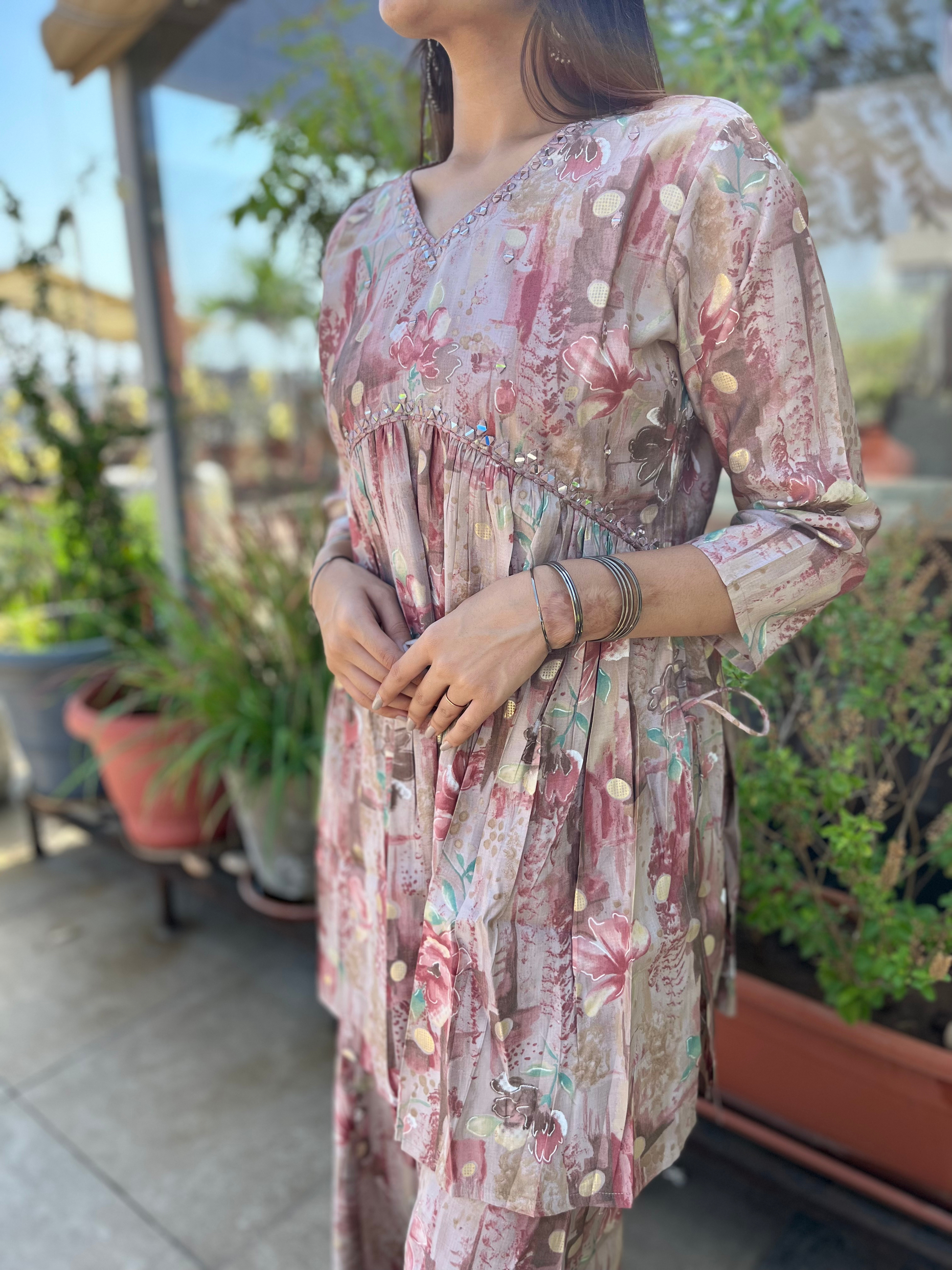 Pink Semi Sharara Alia Cut- 2 Piece Set