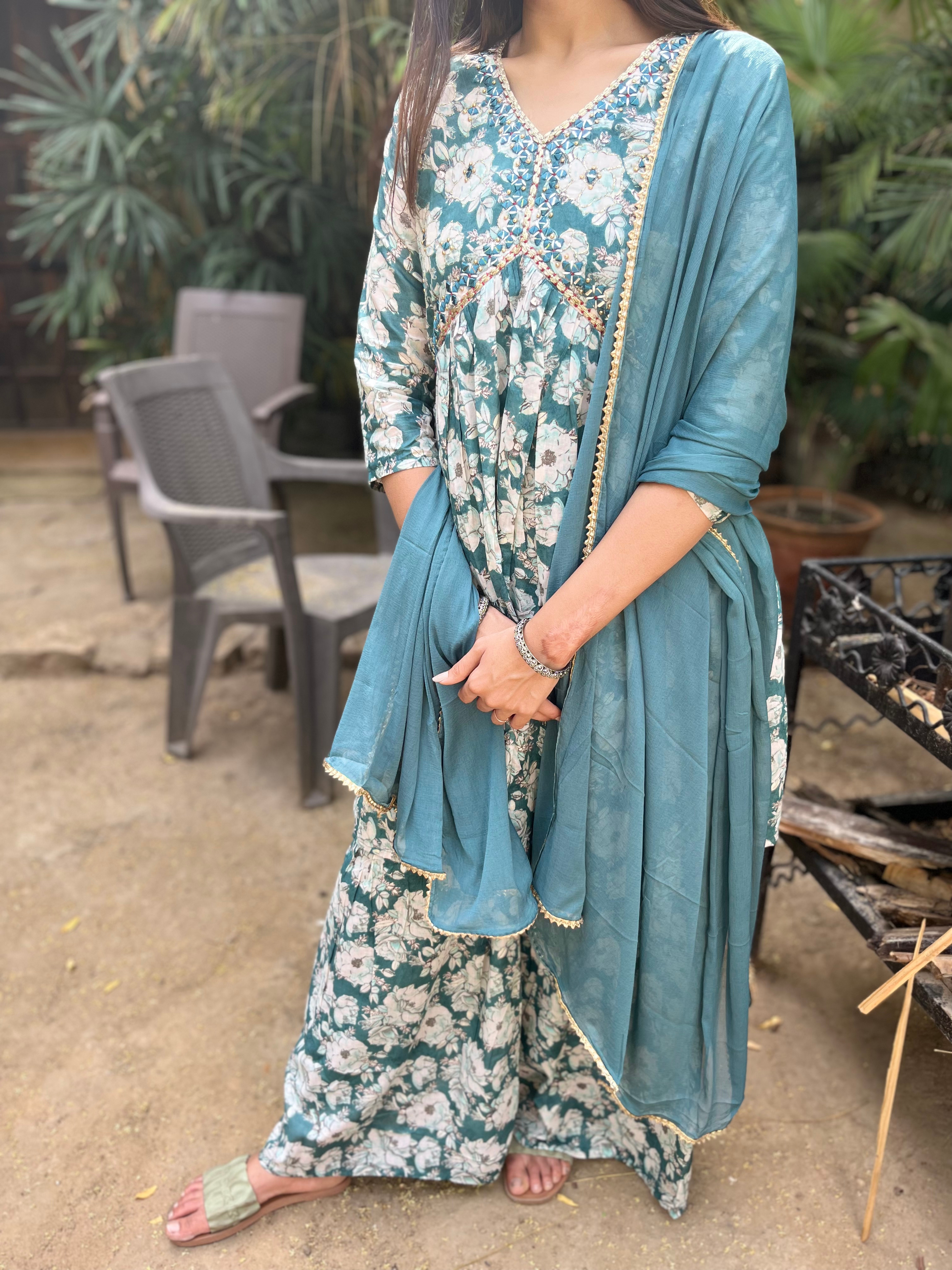 Image of Firozi Blue Alia Cut : 3 Piece Sharara Set