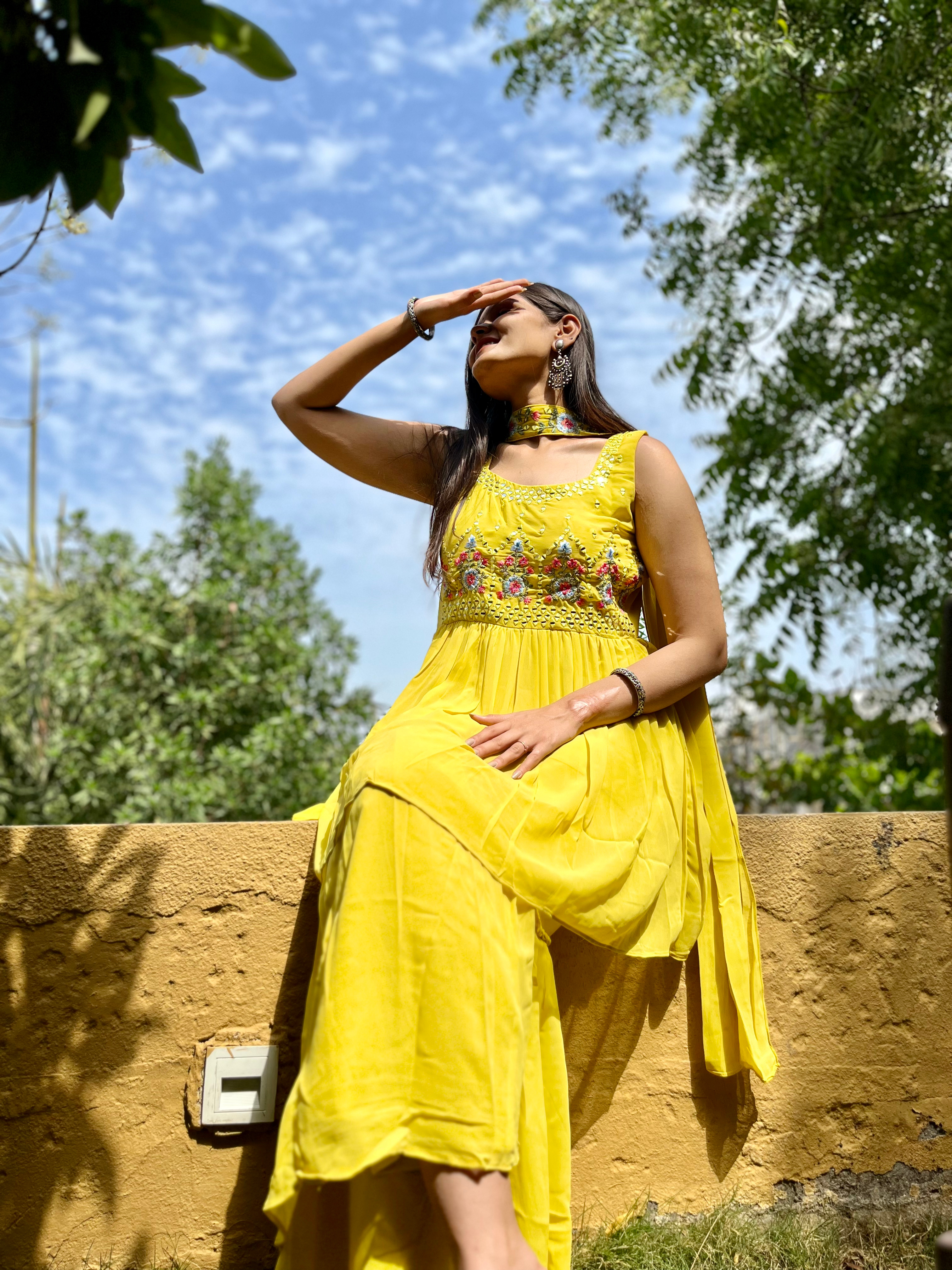 Georgette Yellow : 3 Piece Sharara Set