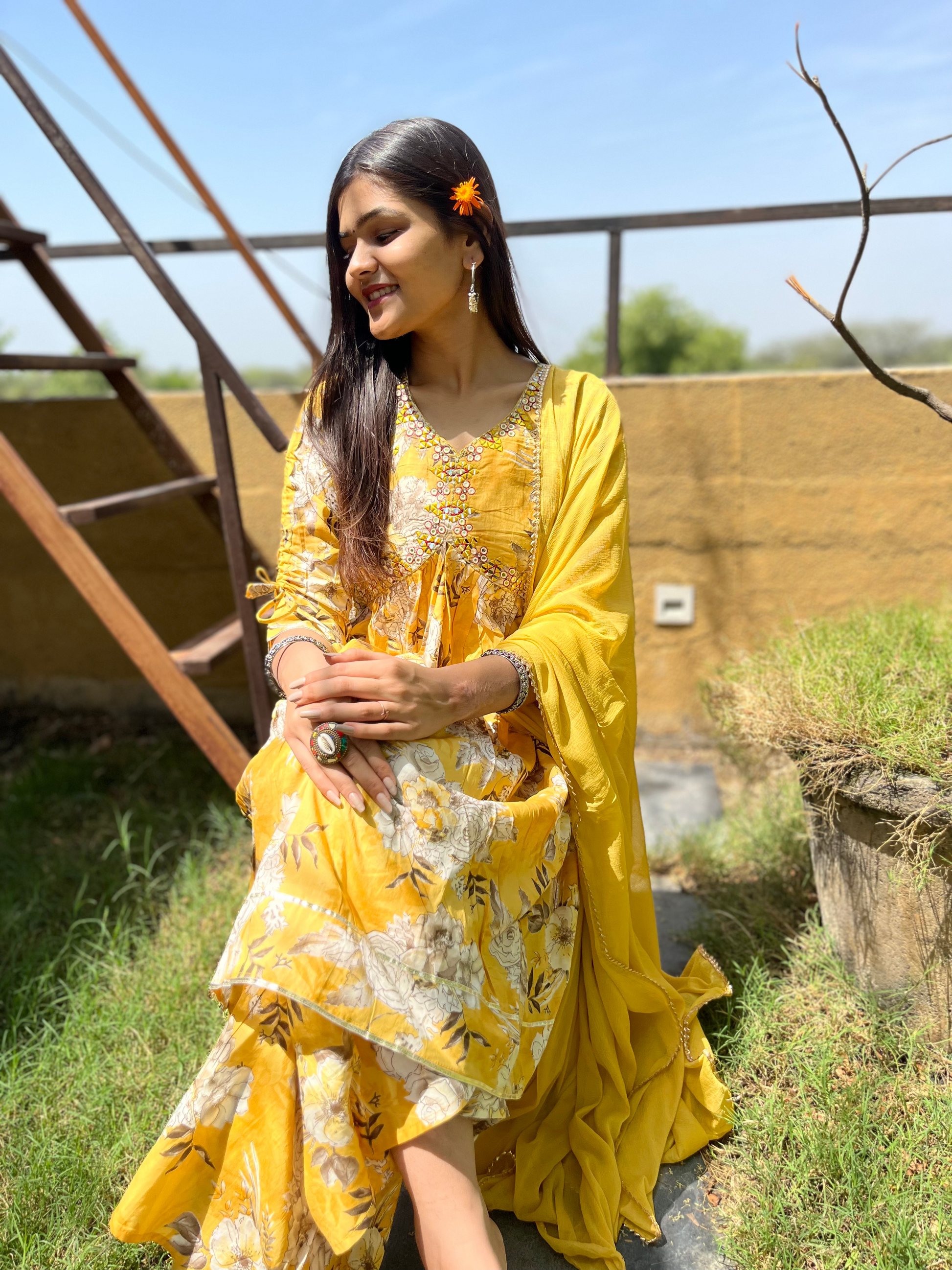 Mul Cotton Alia Cut Sharara Set with Nazlin Dupatta- 3 Piece