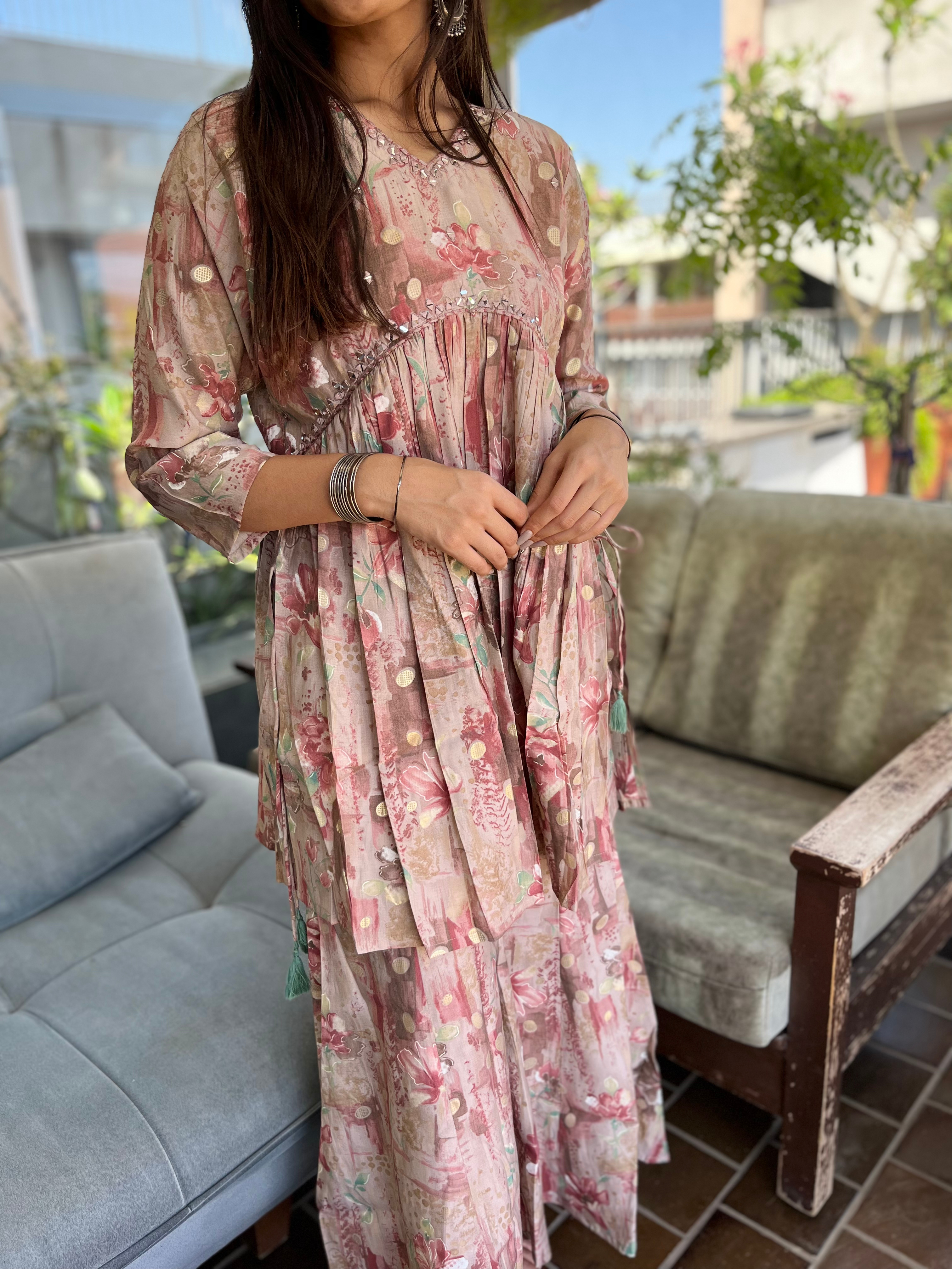 Image of Pink Semi Sharara Alia Cut- 2 Piece Set