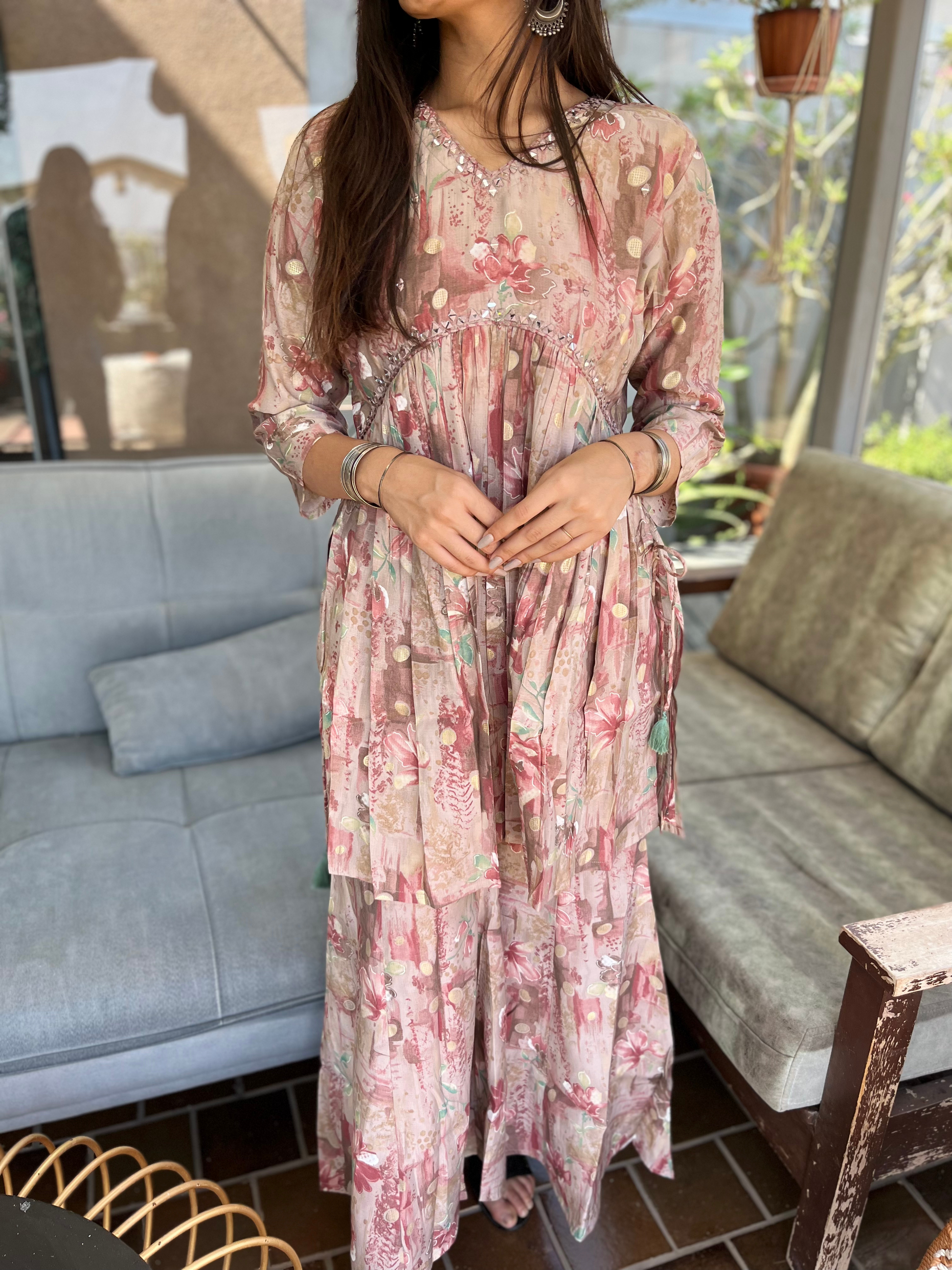 Pink Semi Sharara Alia Cut- 2 Piece Set