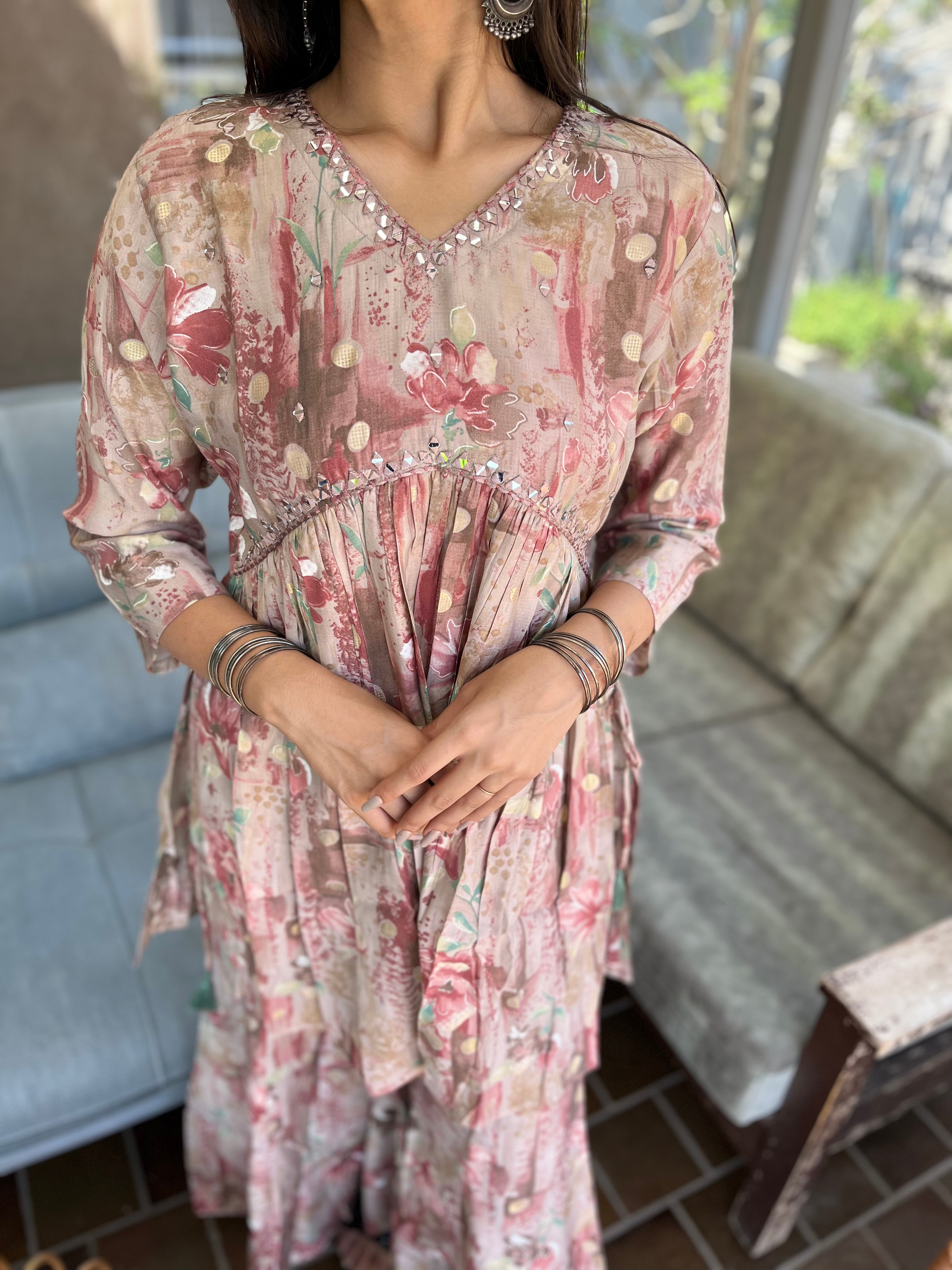 Image of Pink Semi Sharara Alia Cut- 2 Piece Set