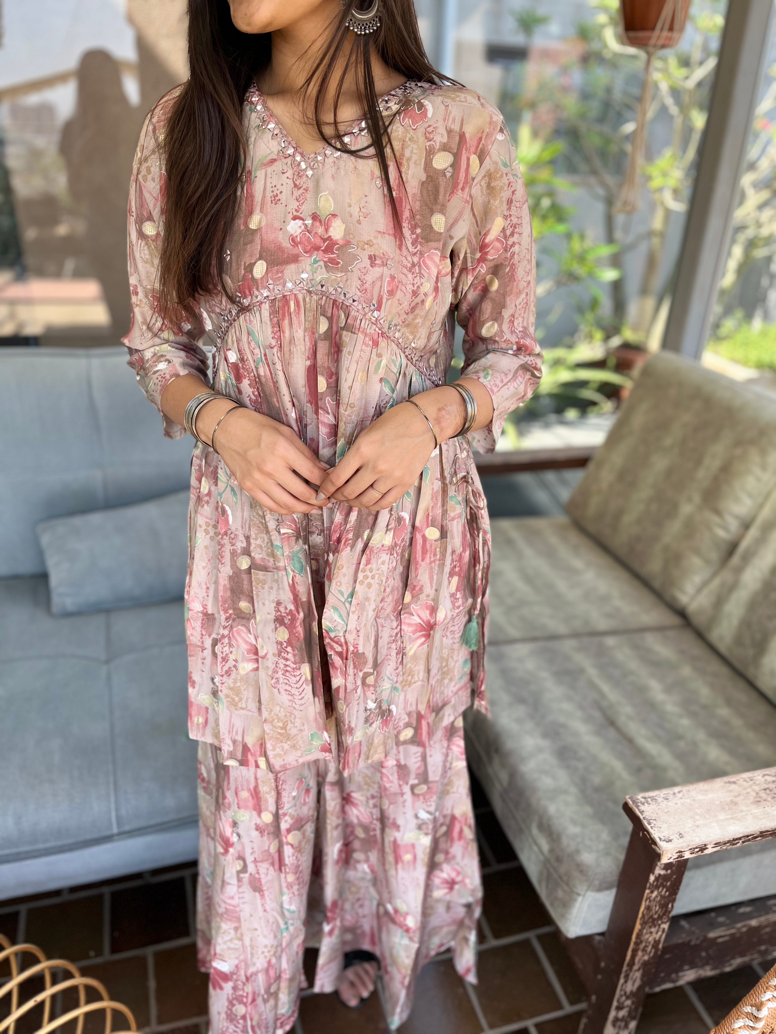 Pink Semi Sharara Alia Cut- 2 Piece Set