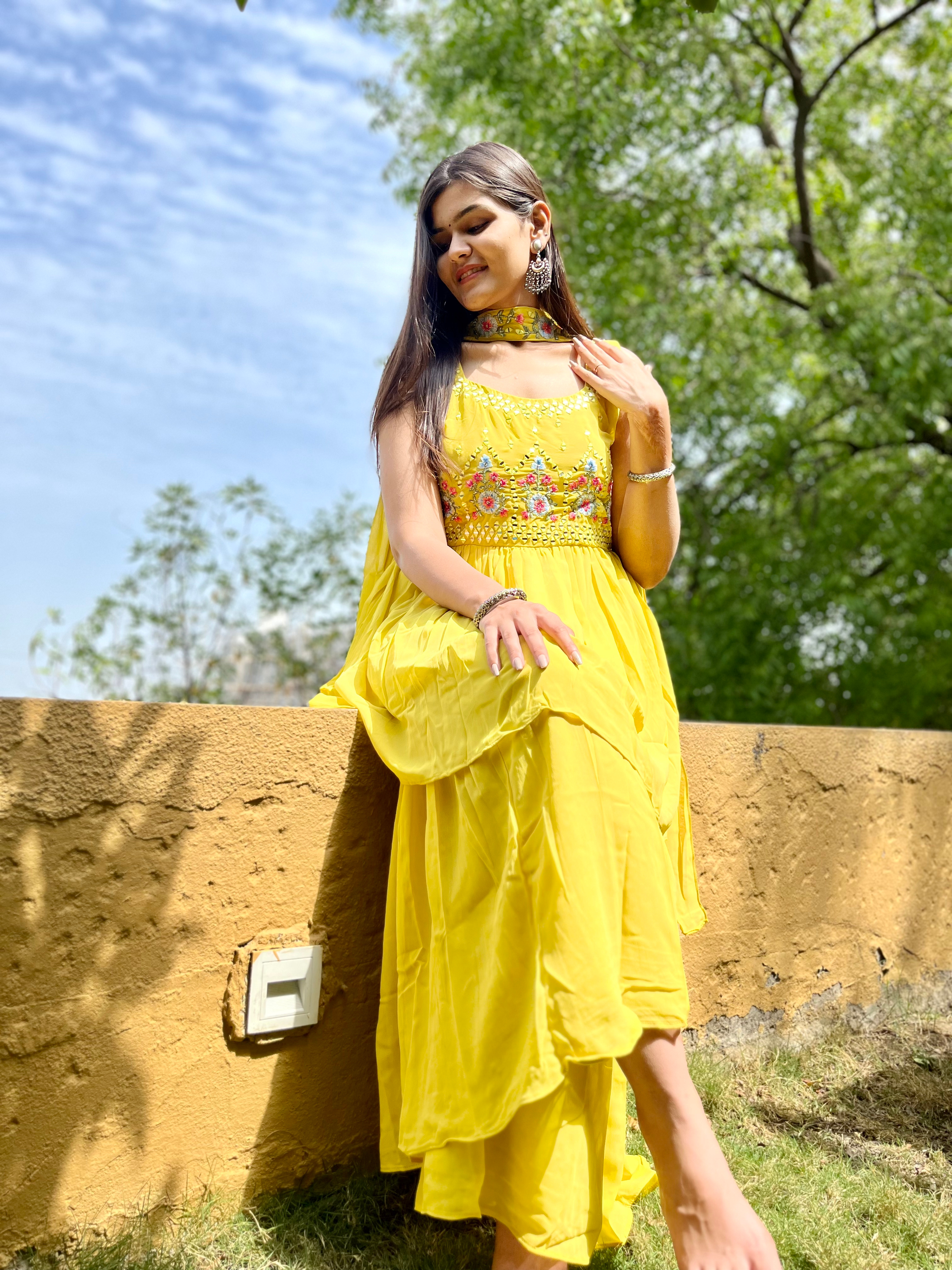 Image of Georgette Yellow : 3 Piece Sharara Set