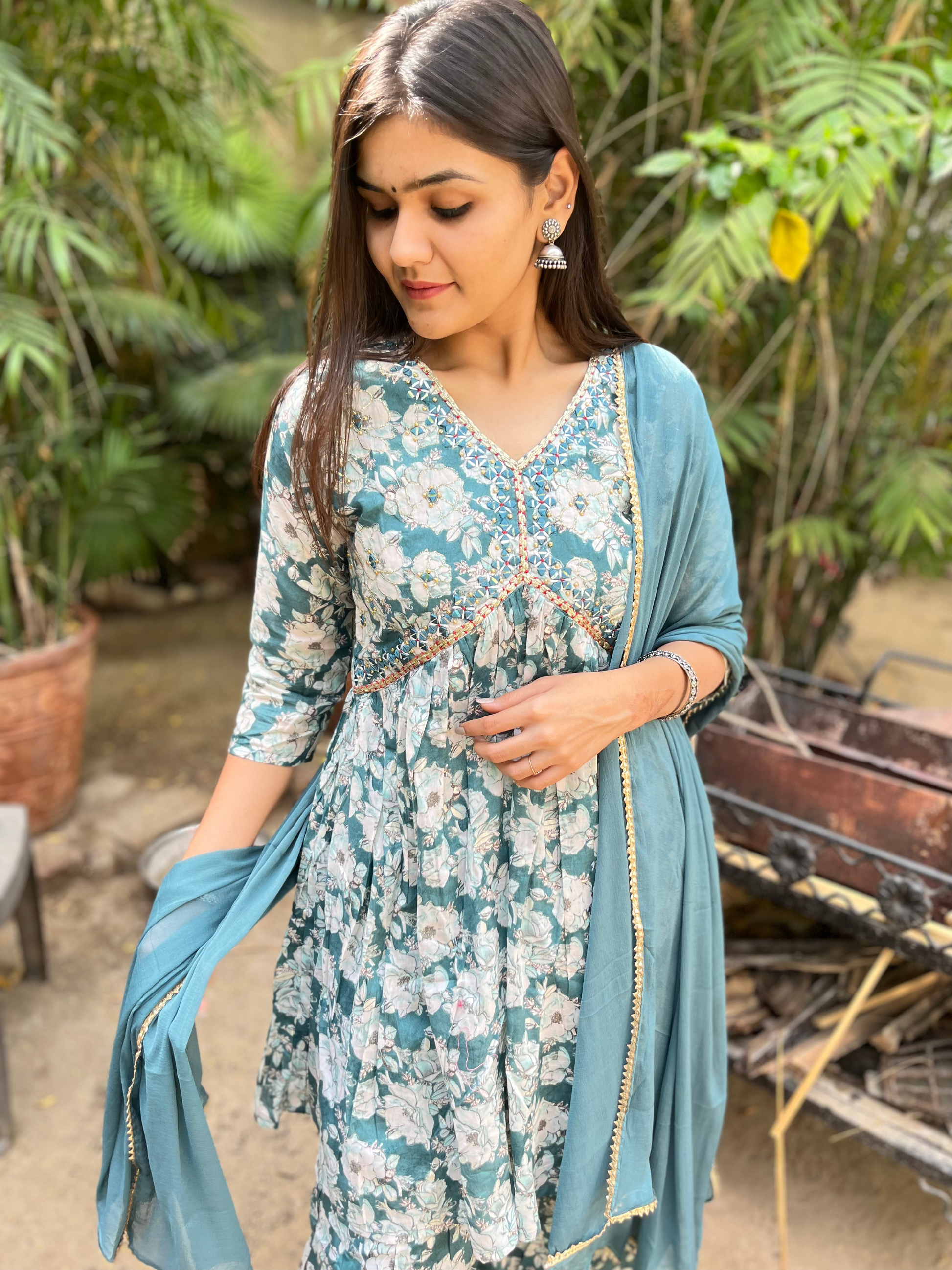 Firozi Blue Alia Cut : 3 Piece Sharara Set