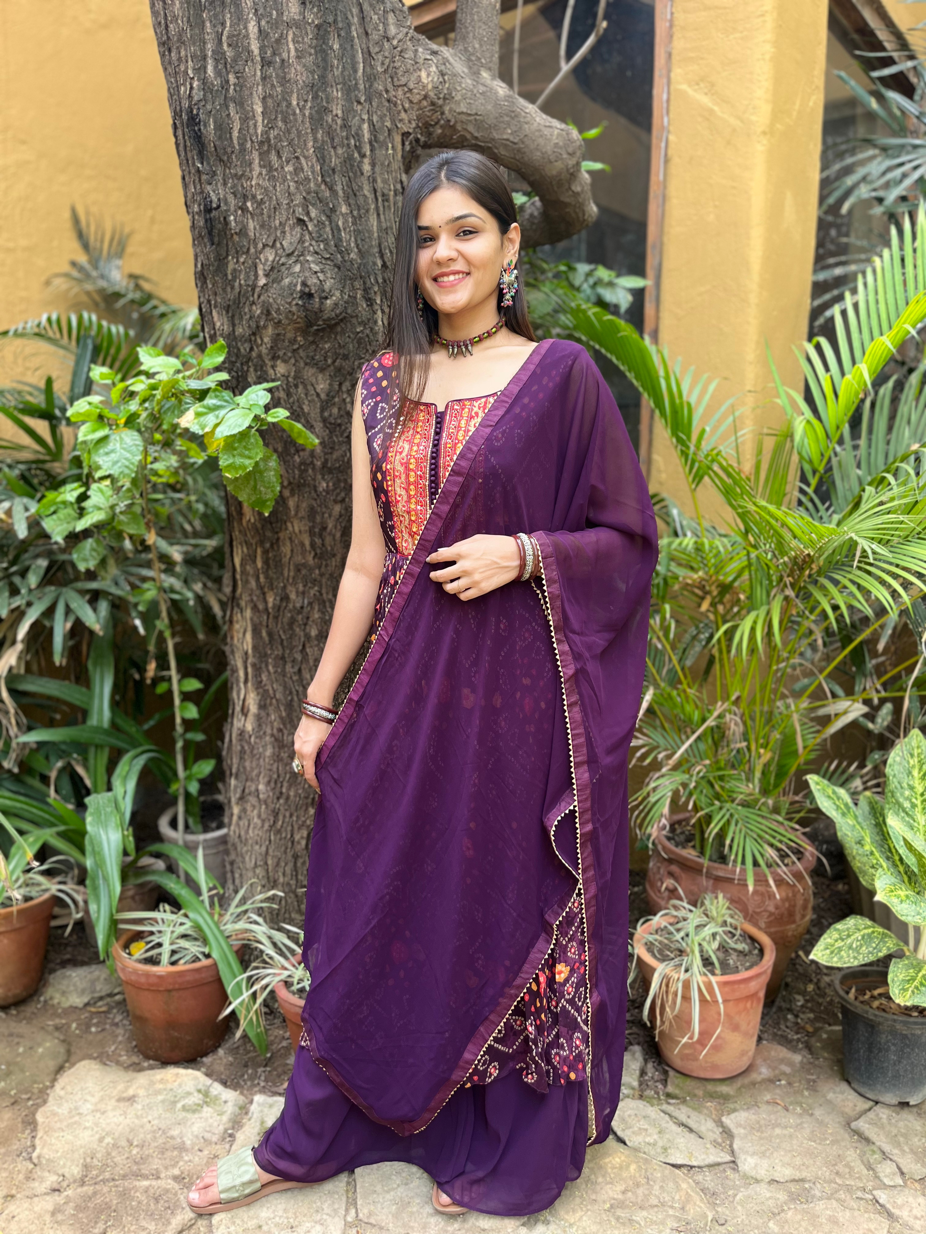 Image of Naira Cut Palazzo Set with Bandhani Print