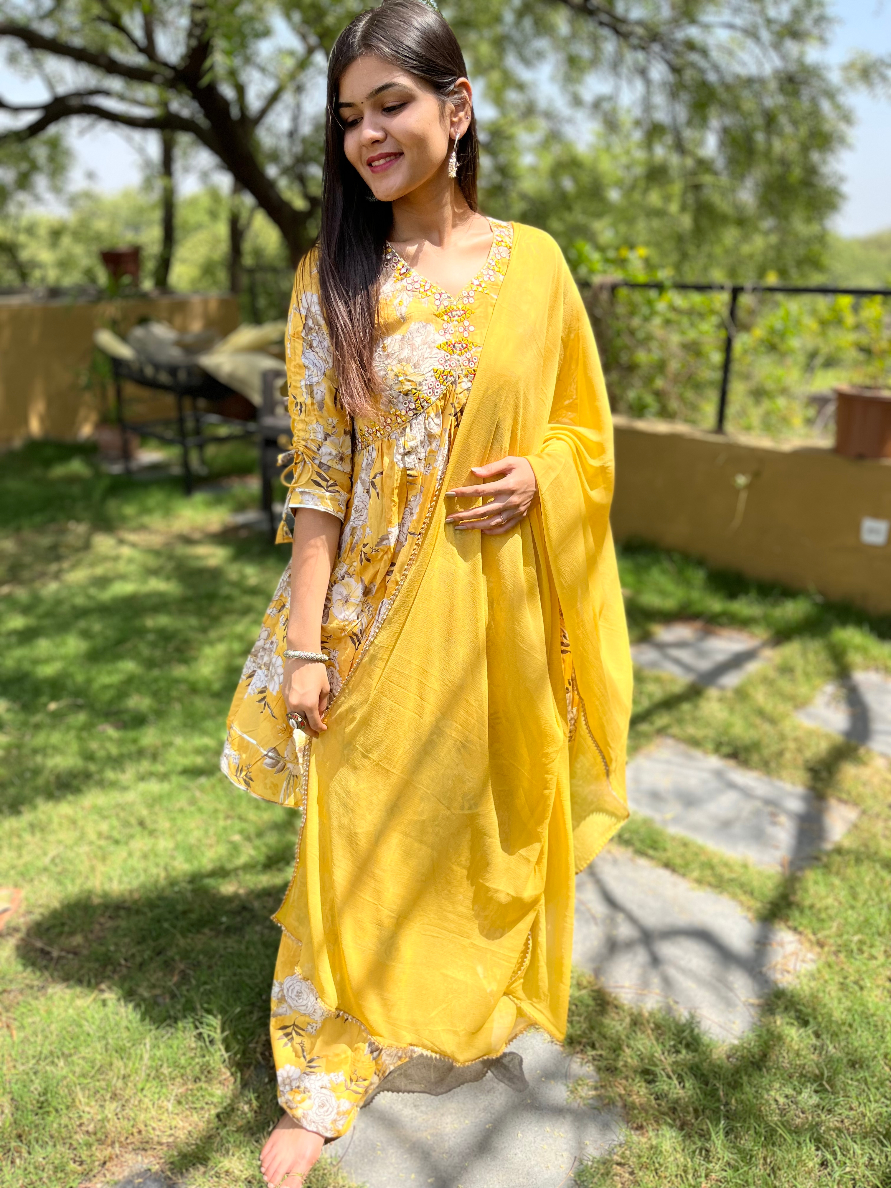 Mul Cotton Alia Cut Sharara Set with Nazlin Dupatta- 3 Piece