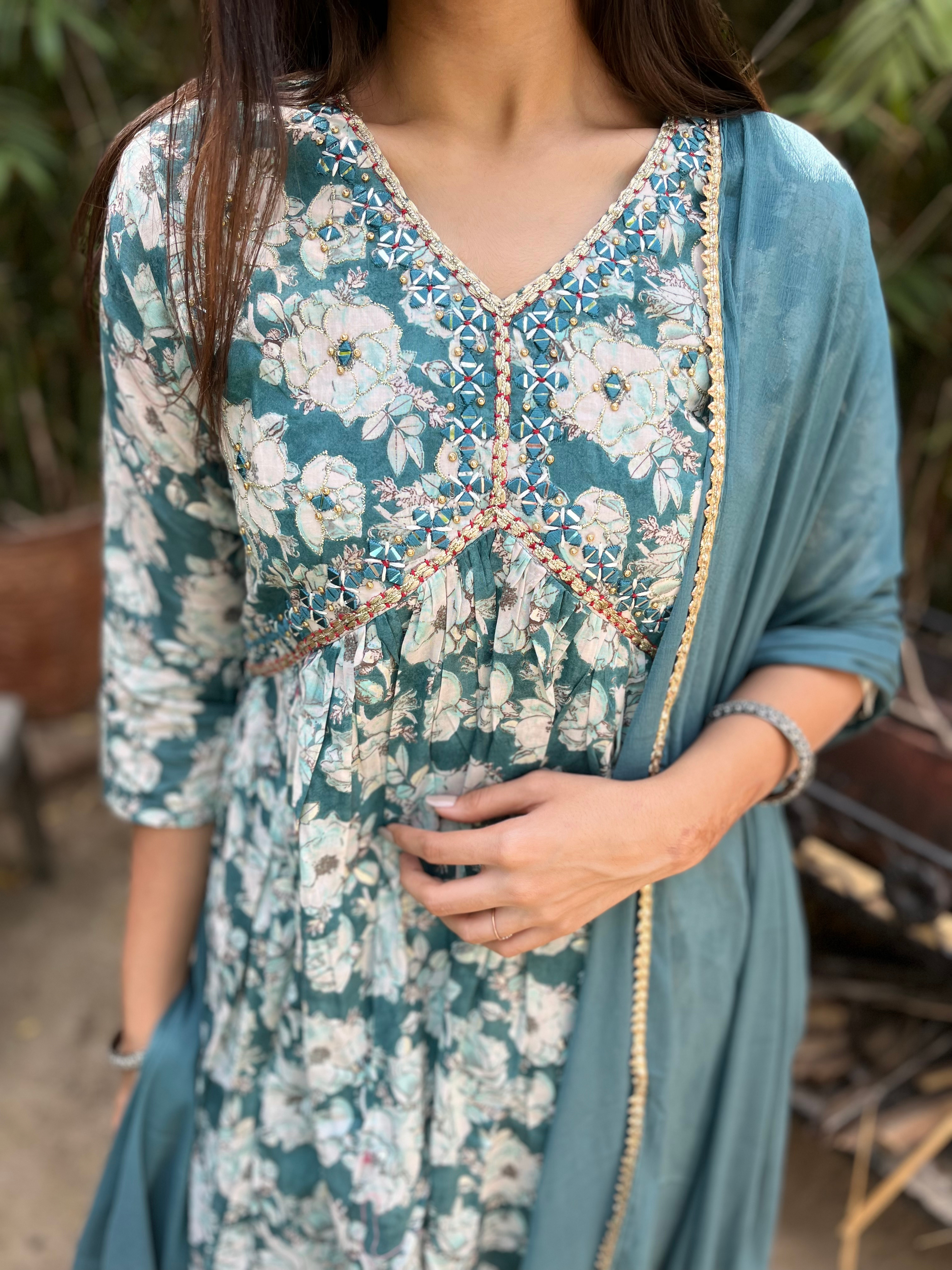 Firozi Blue Alia Cut : 3 Piece Sharara Set