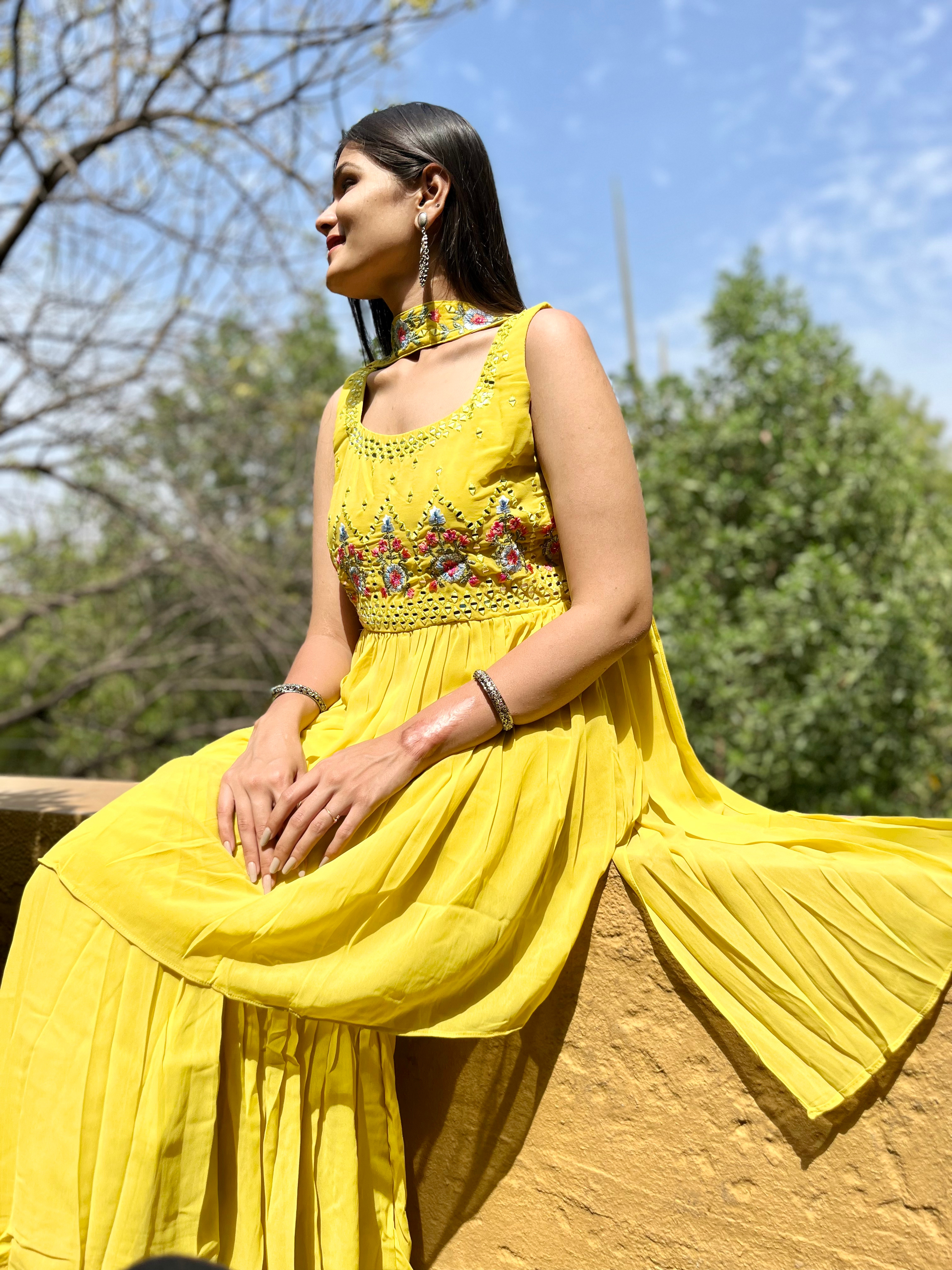 Georgette Yellow : 3 Piece Sharara Set