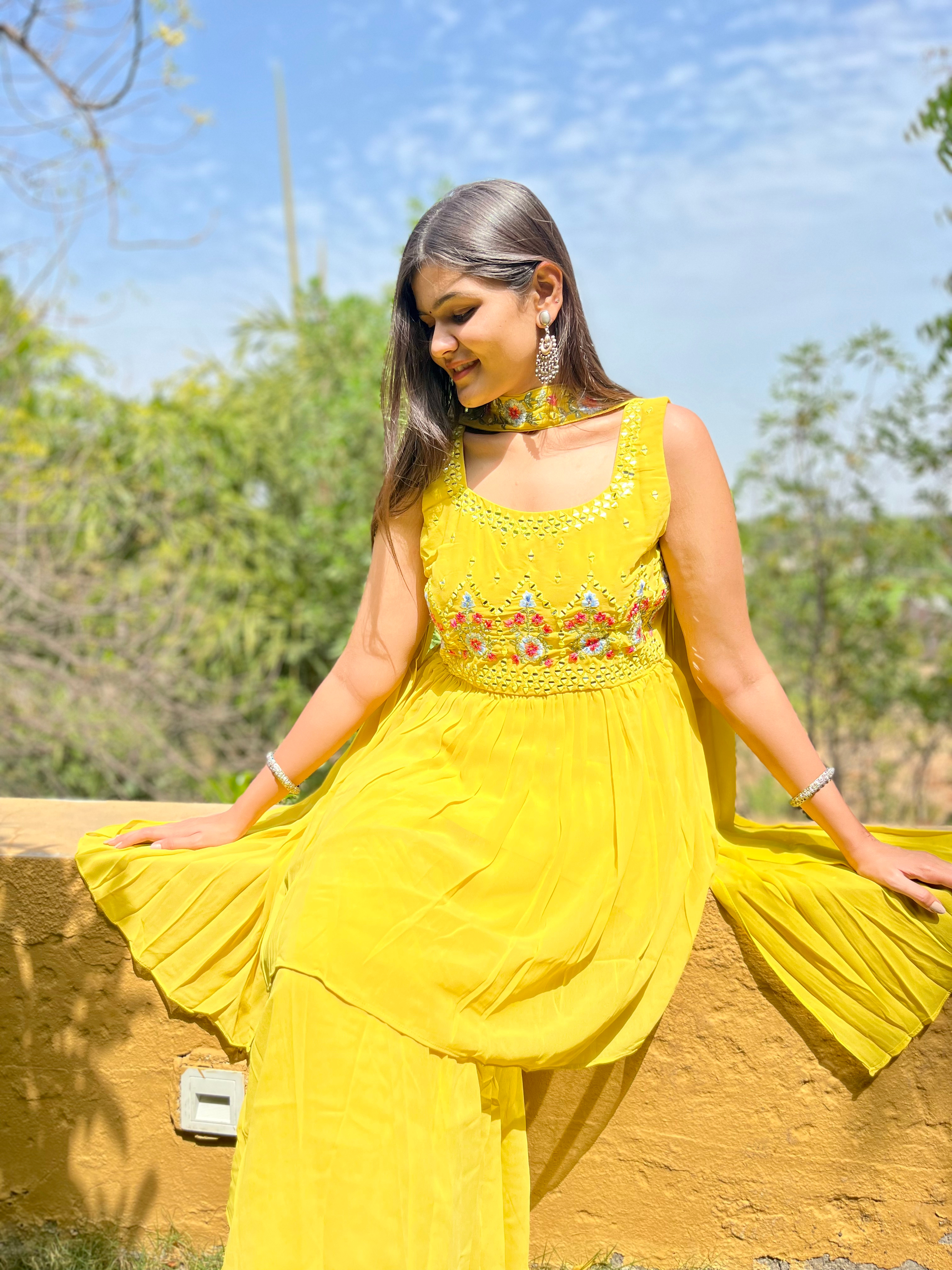 Georgette Yellow : 3 Piece Sharara Set