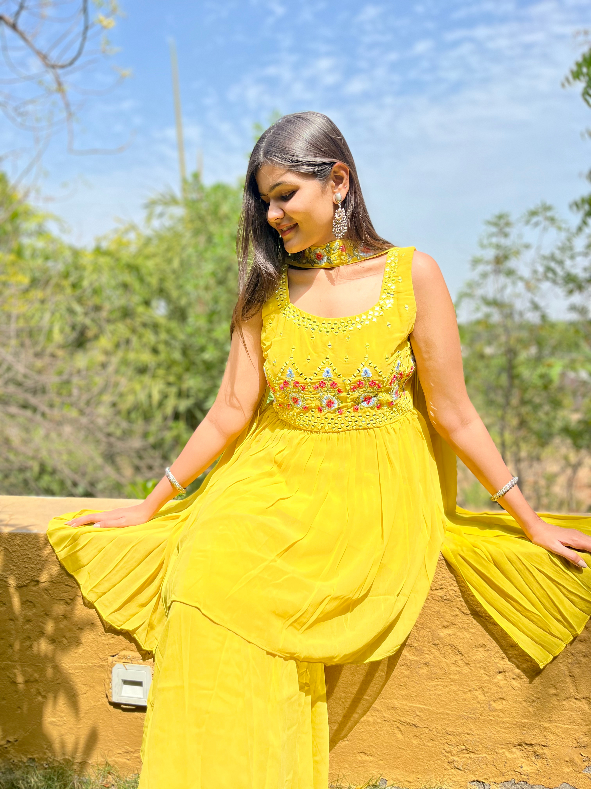 Georgette Yellow : 3 Piece Sharara Set