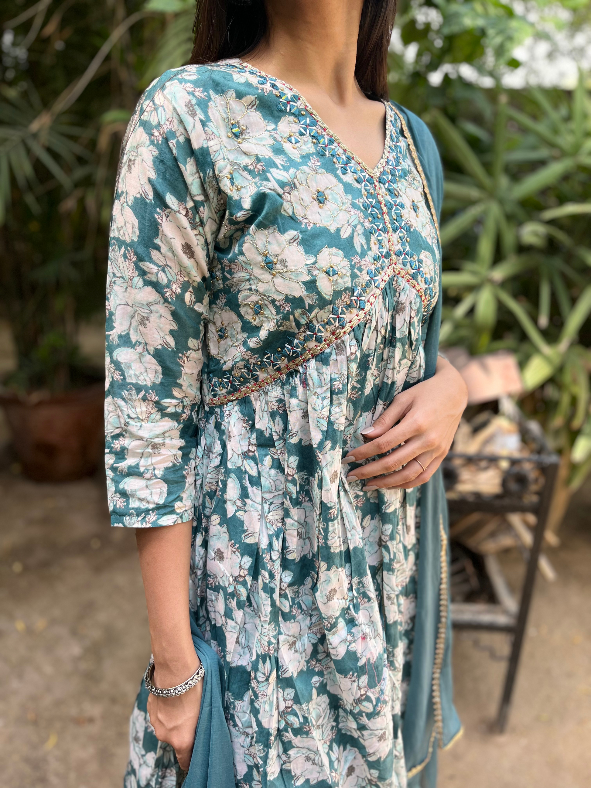 Firozi Blue Alia Cut : 3 Piece Sharara Set