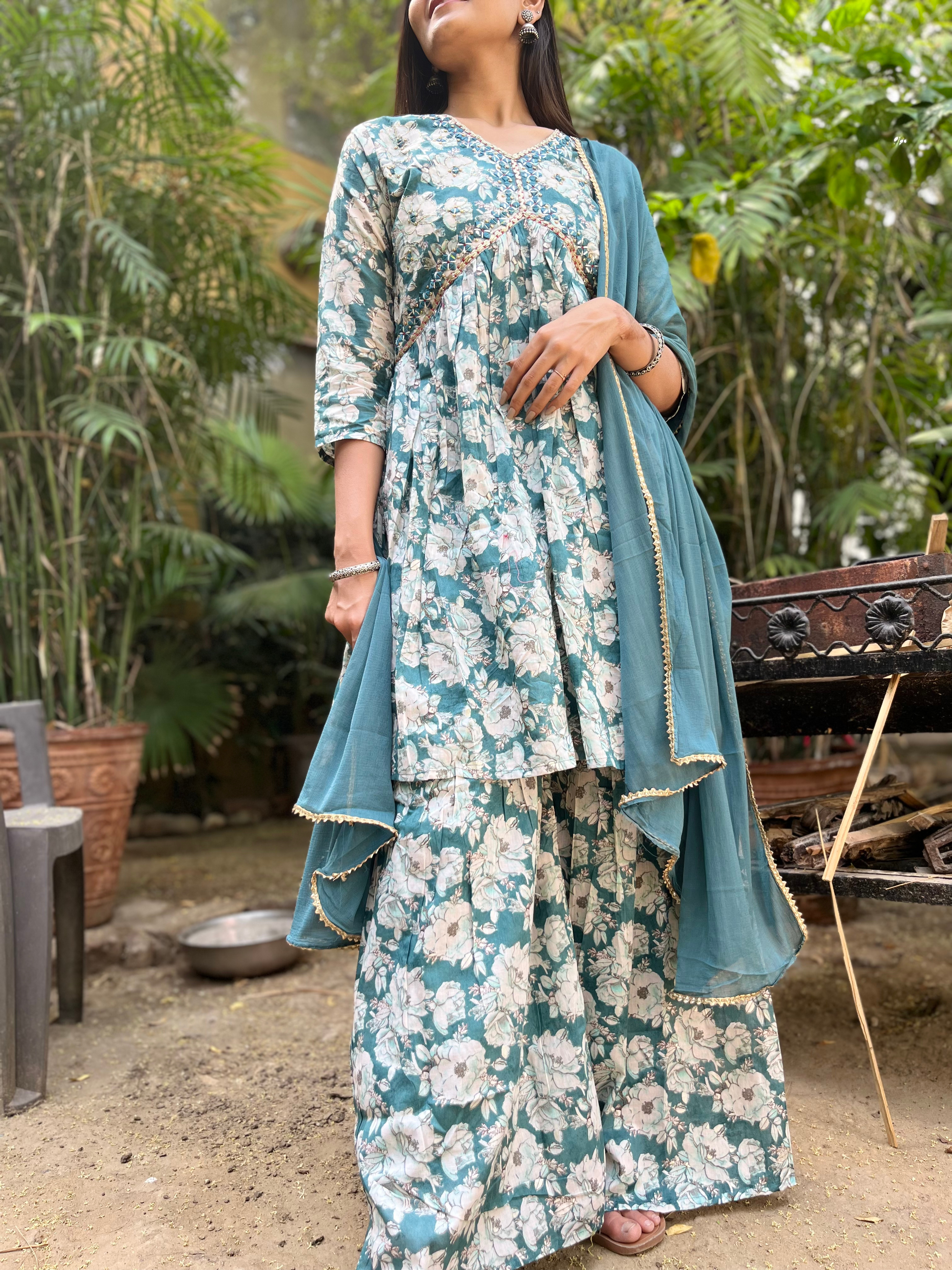 Image of Firozi Blue Alia Cut : 3 Piece Sharara Set