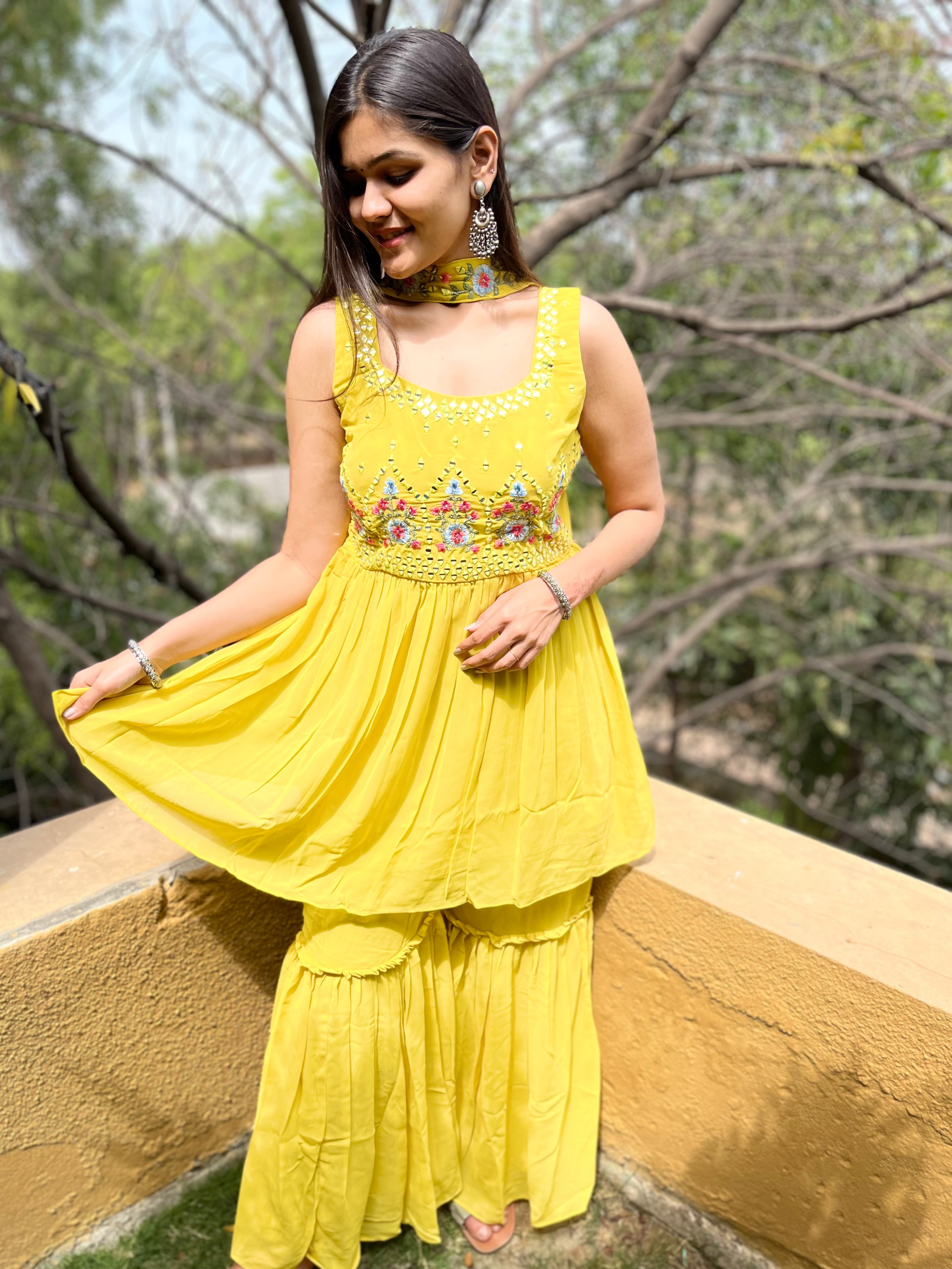 Image of Georgette Yellow : 3 Piece Sharara Set