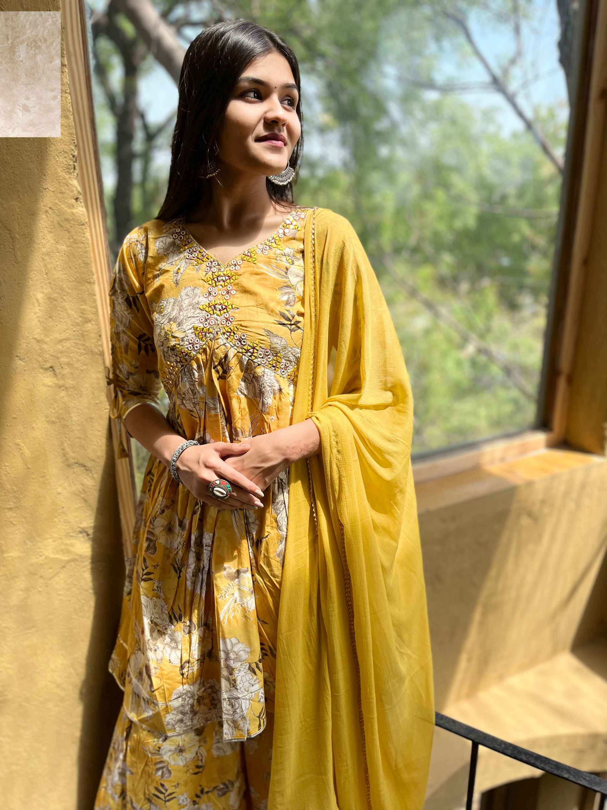 Mul Cotton Alia Cut Sharara Set with Nazlin Dupatta- 3 Piece