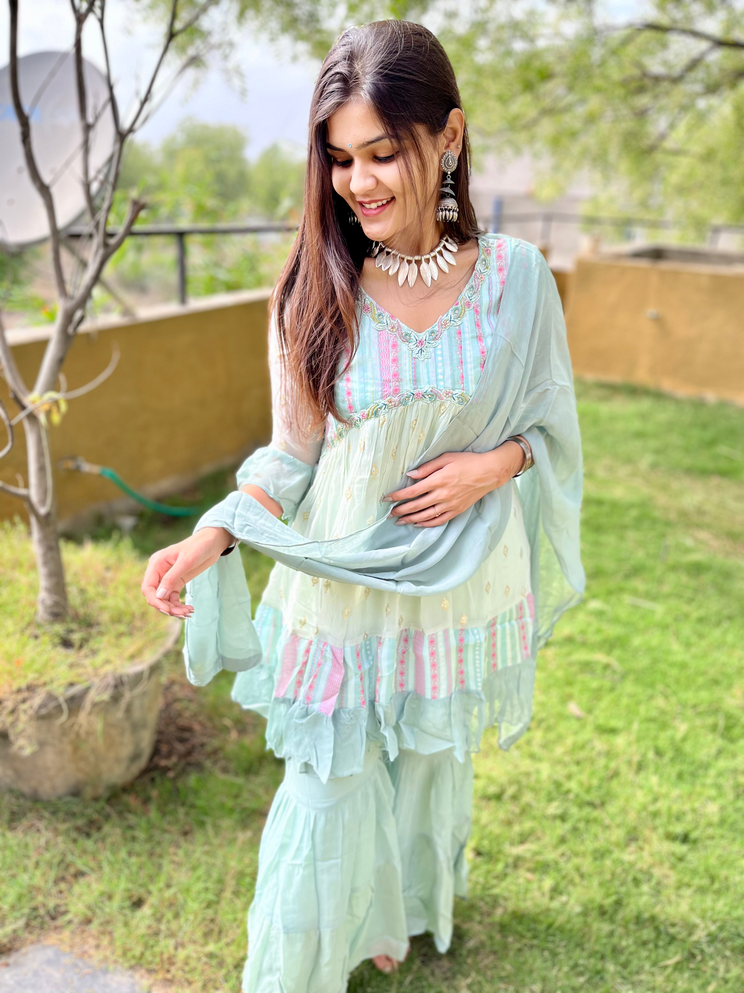 Sky Blue Alia Cut : 3 Piece Sharara Set