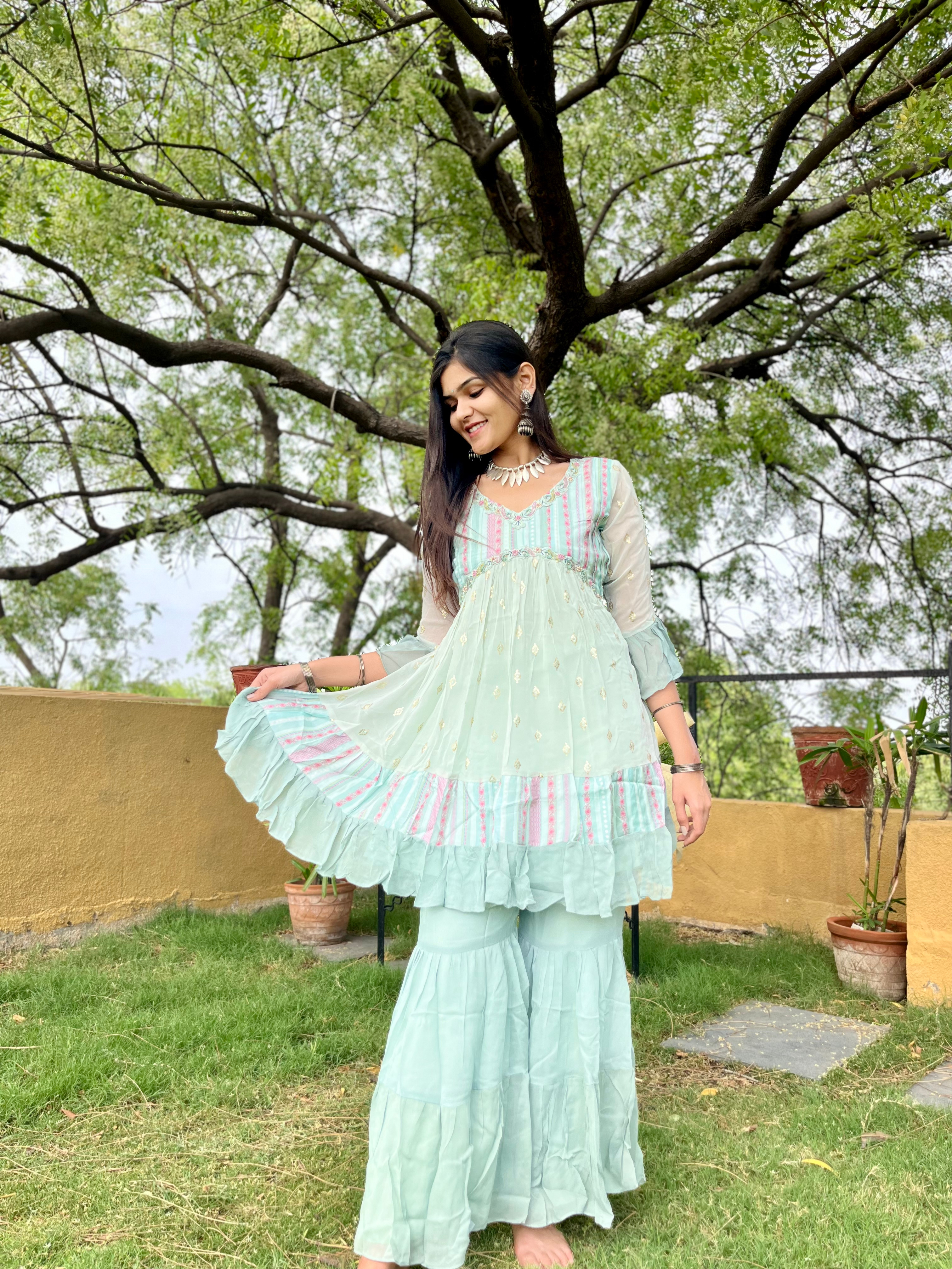 Image of Sky Blue Alia Cut : 3 Piece Sharara Set