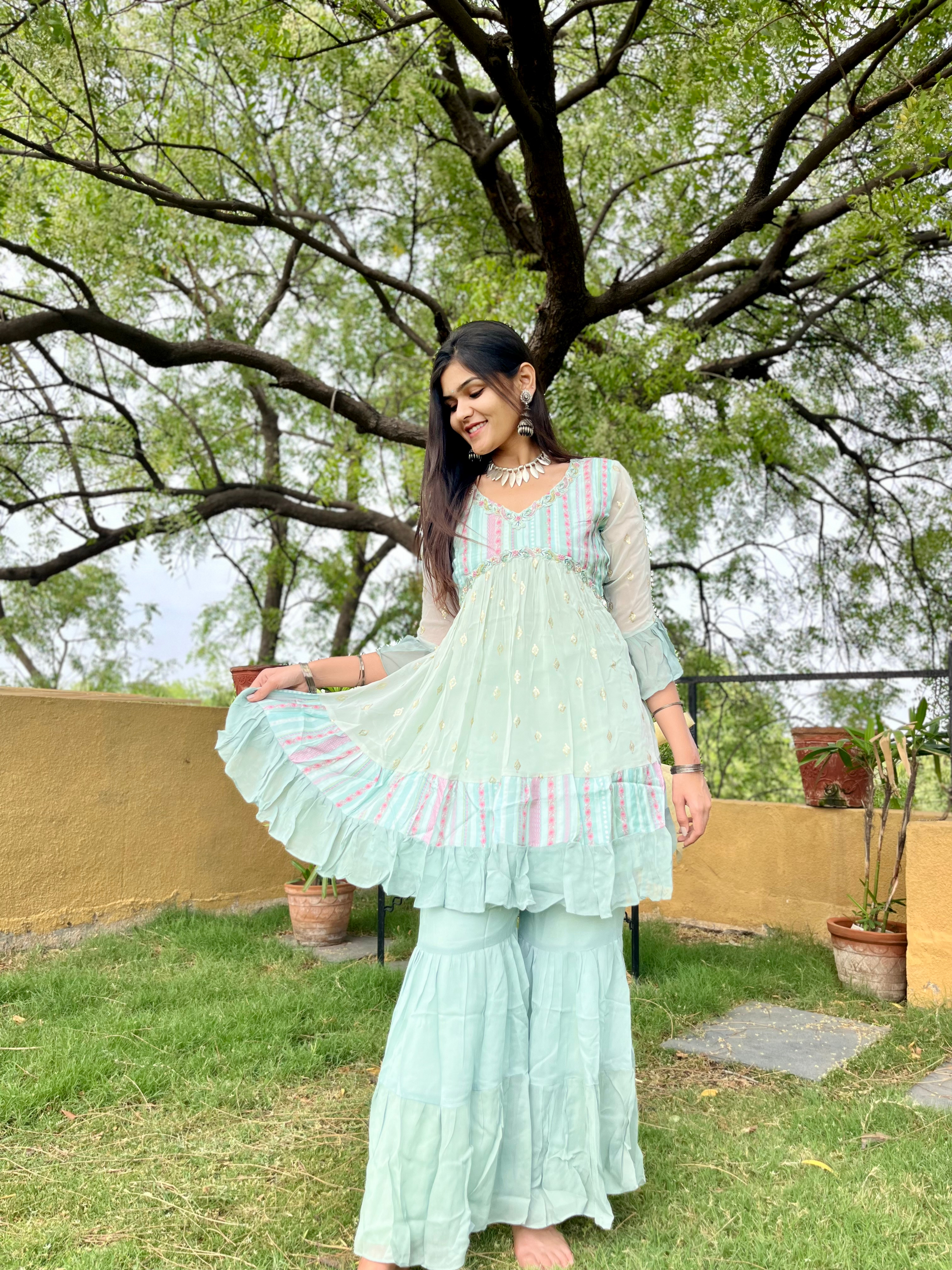 Sky Blue Alia Cut : 3 Piece Sharara Set