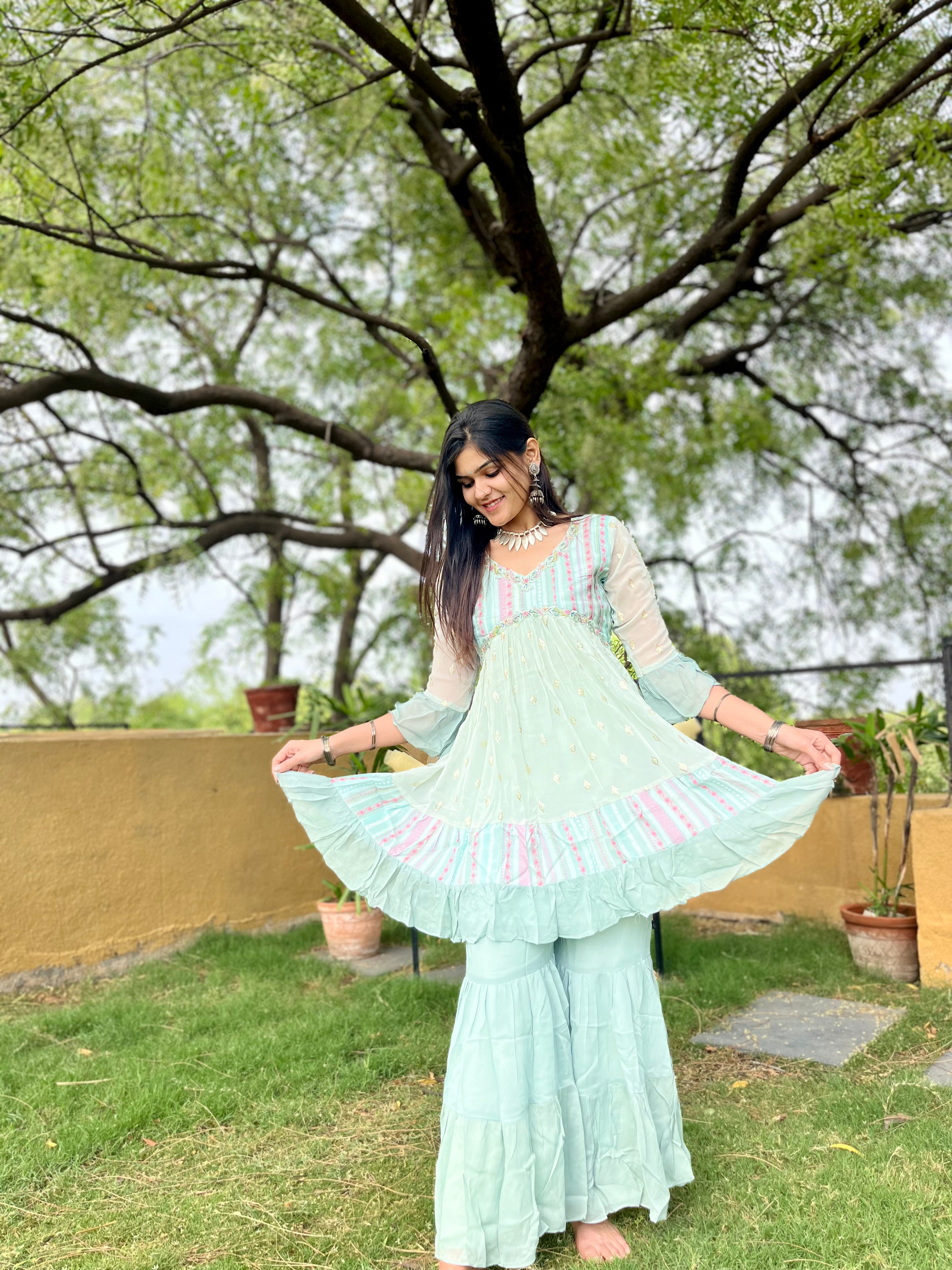 Sky Blue Alia Cut : 3 Piece Sharara Set