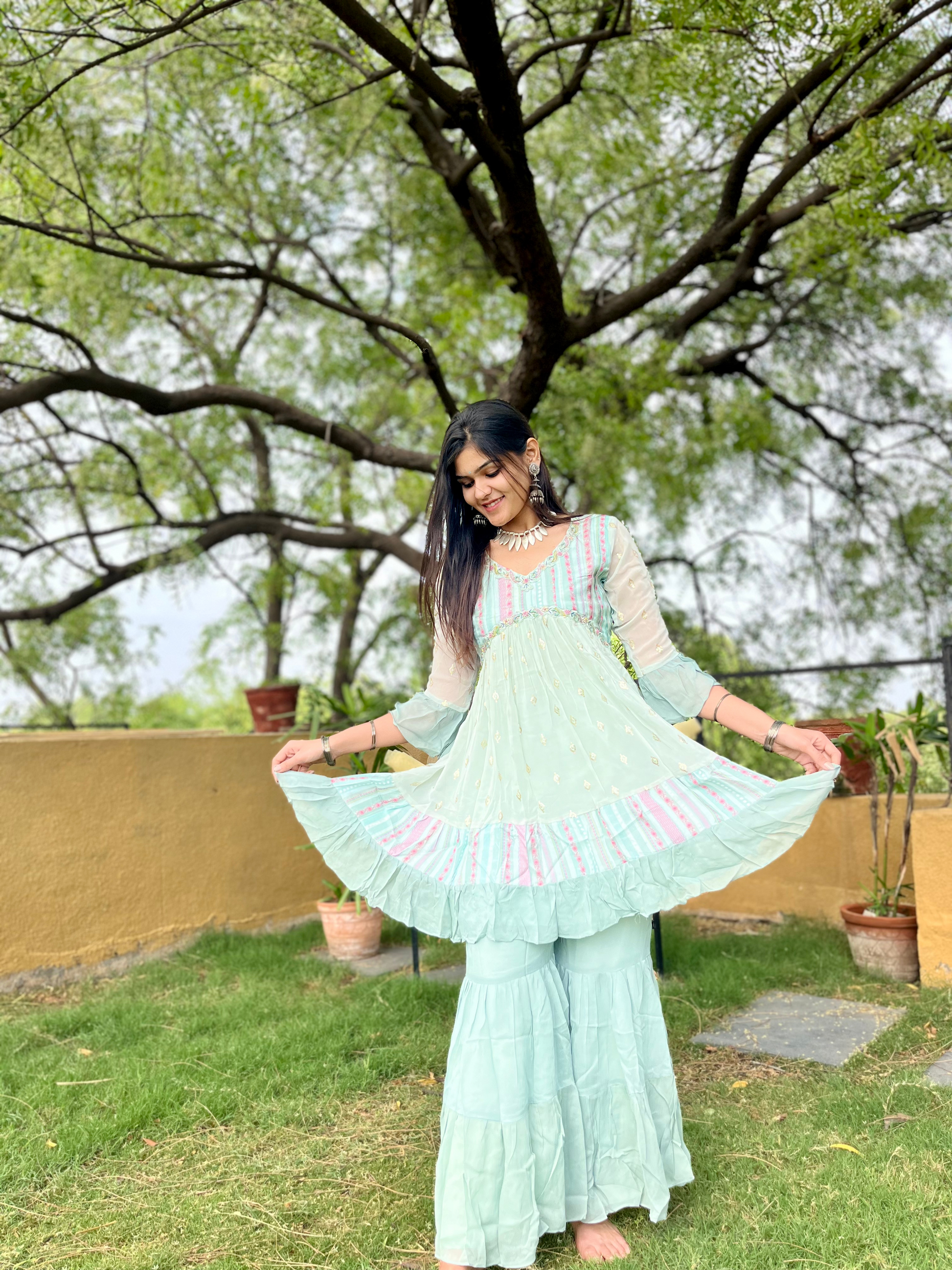 Sky Blue Alia Cut : 3 Piece Sharara Set