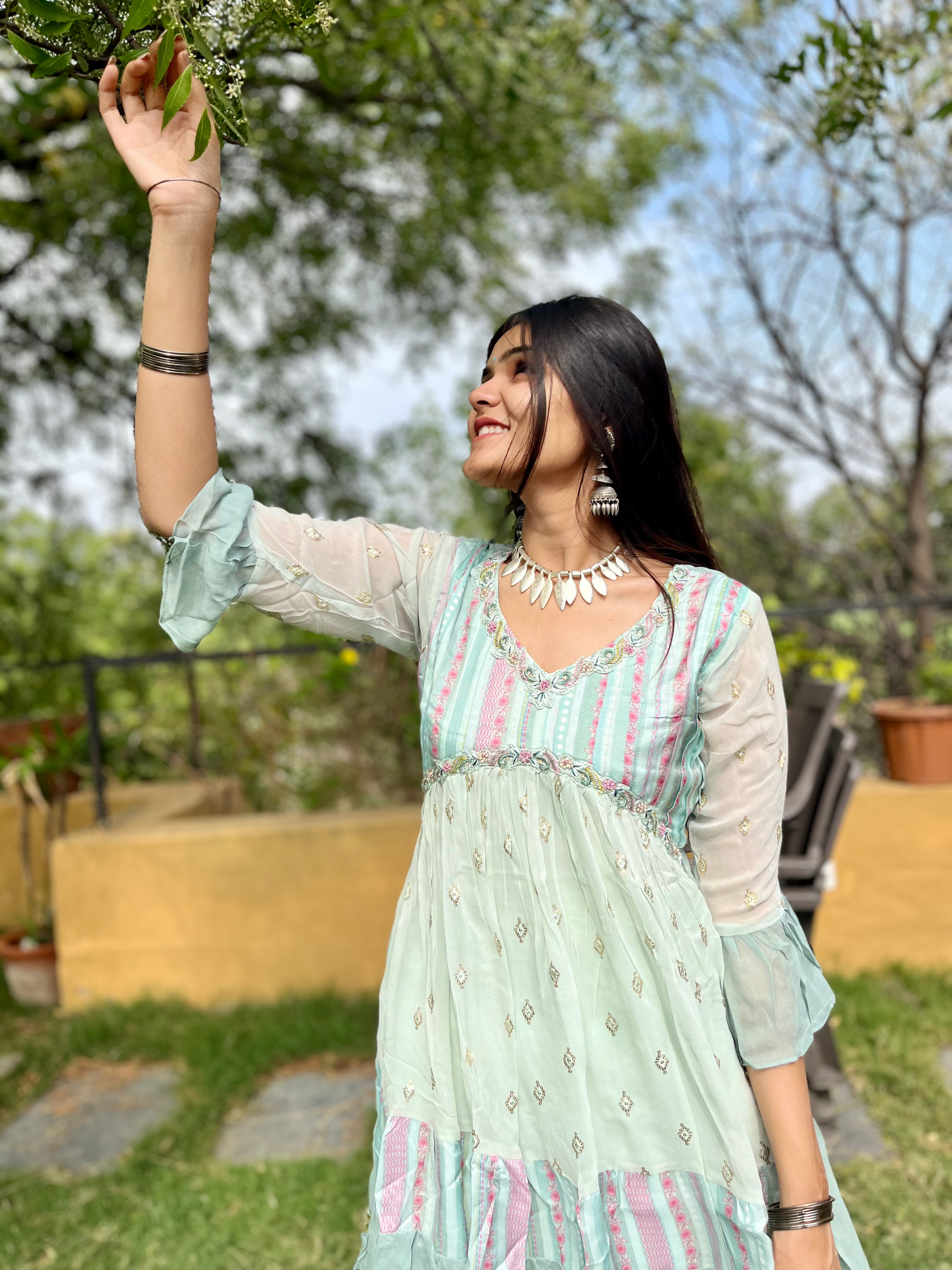 Sky Blue Alia Cut : 3 Piece Sharara Set