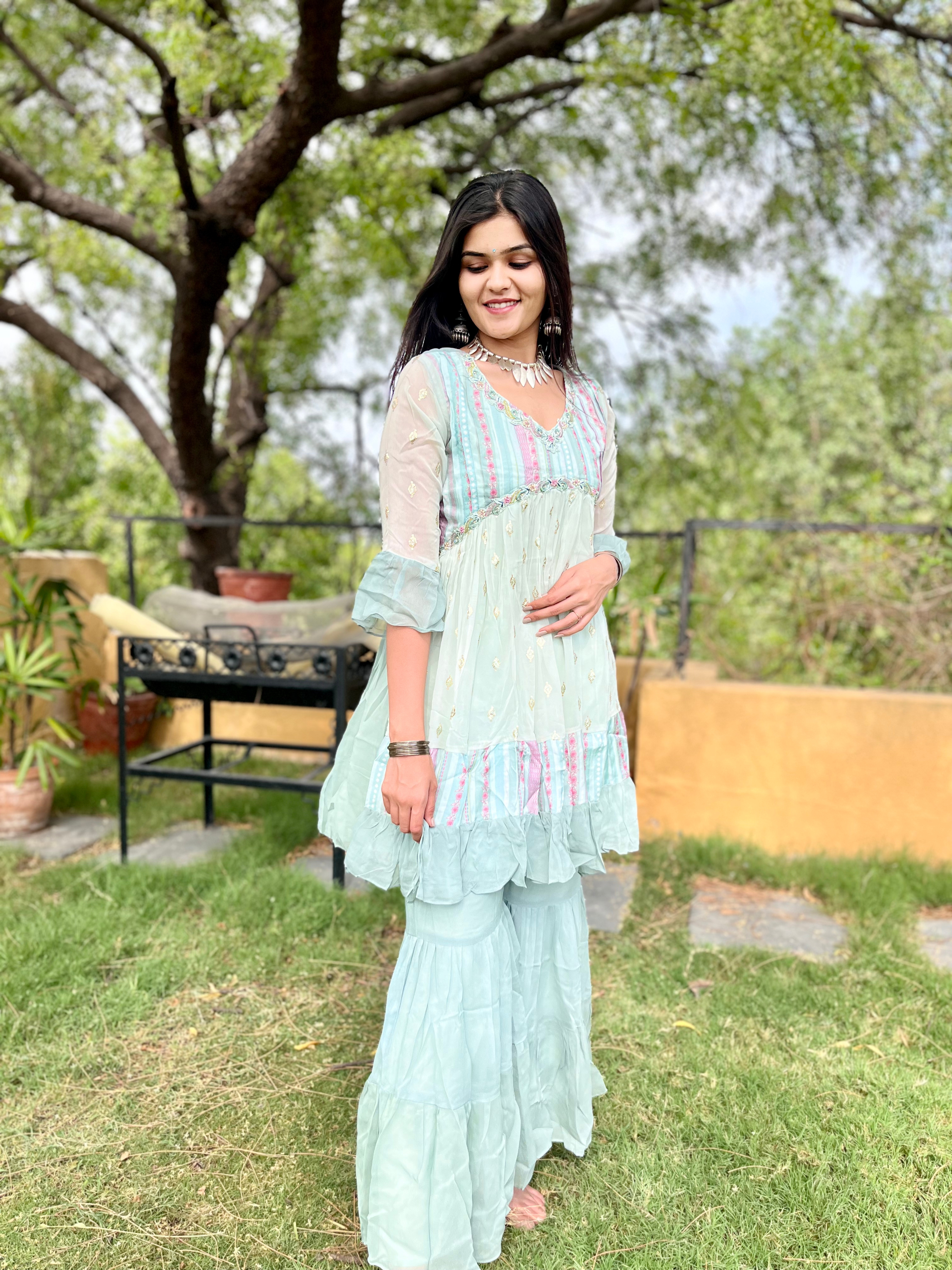 Sky Blue Alia Cut : 3 Piece Sharara Set