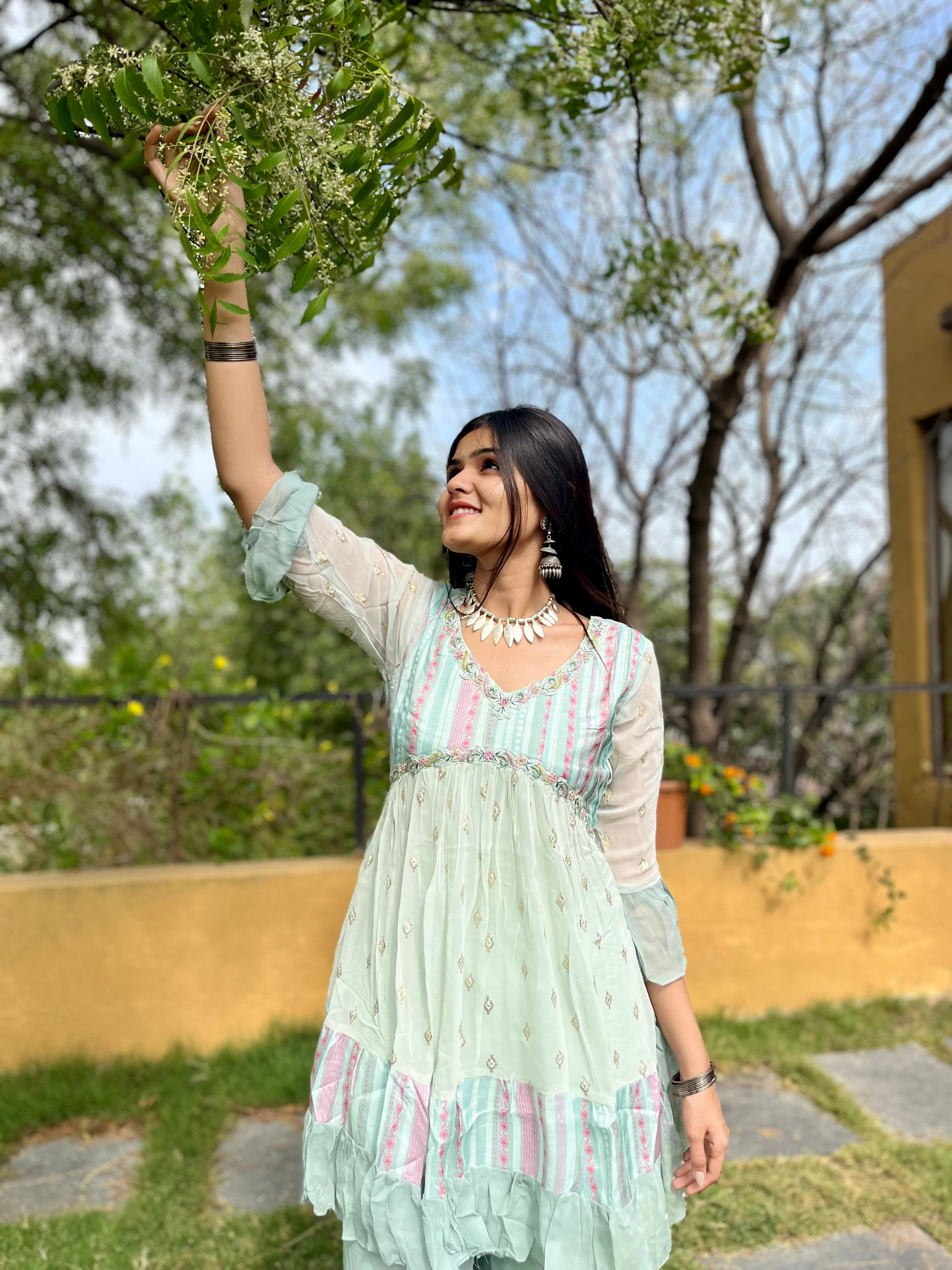 Sky Blue Alia Cut : 3 Piece Sharara Set